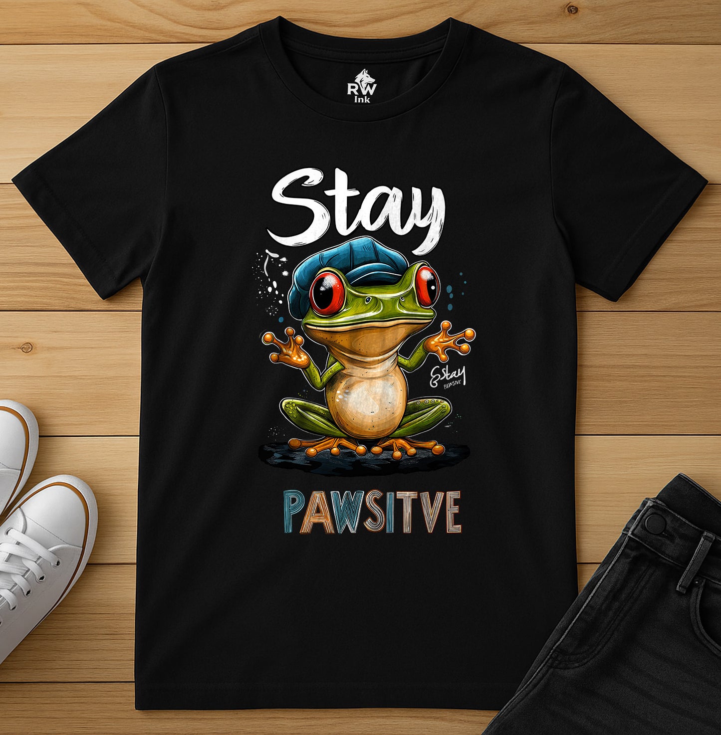 Stay Pawsitive Frog T-Shirt – Funny Cartoon Amphibian Tee – Bella+Canvas 3001 Unisex Tee