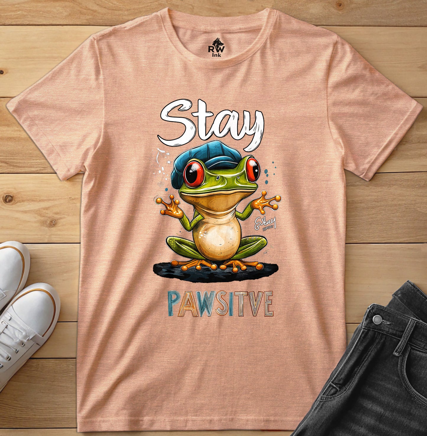 Stay Pawsitive Frog T-Shirt – Funny Cartoon Amphibian Tee – Bella+Canvas 3001 Unisex Tee