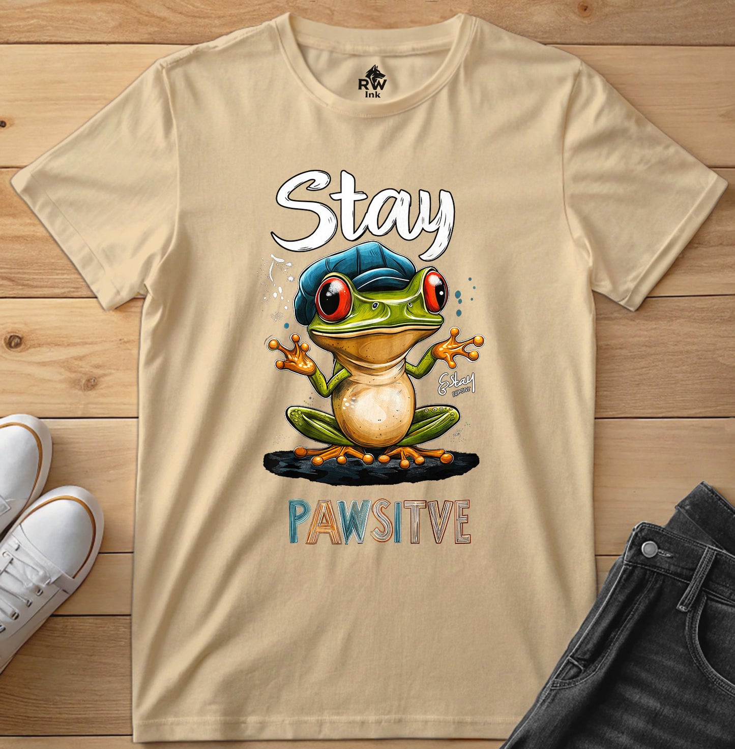 Stay Pawsitive Frog T-Shirt – Funny Cartoon Amphibian Tee – Bella+Canvas 3001 Unisex Tee