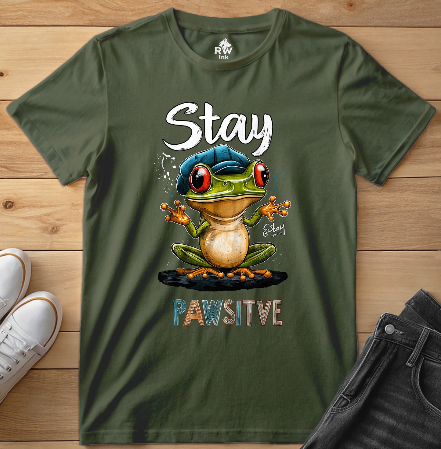 Stay Pawsitive Frog T-Shirt – Funny Cartoon Amphibian Tee – Bella+Canvas 3001 Unisex Tee