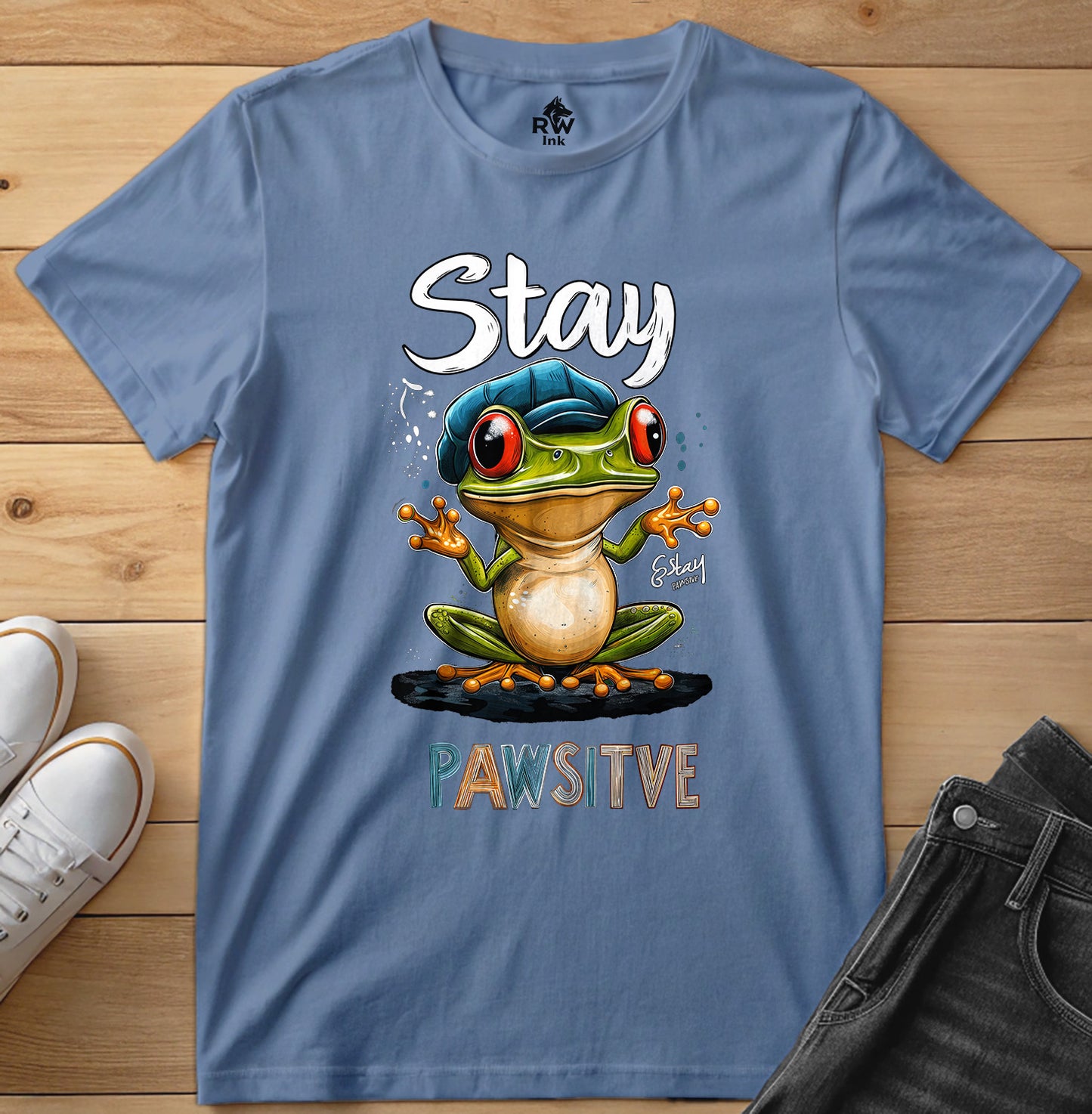 Stay Pawsitive Frog T-Shirt – Funny Cartoon Amphibian Tee – Bella+Canvas 3001 Unisex Tee