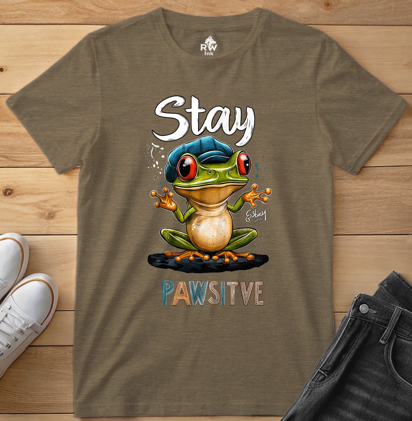 Stay Pawsitive Frog T-Shirt – Funny Cartoon Amphibian Tee – Bella+Canvas 3001 Unisex Tee