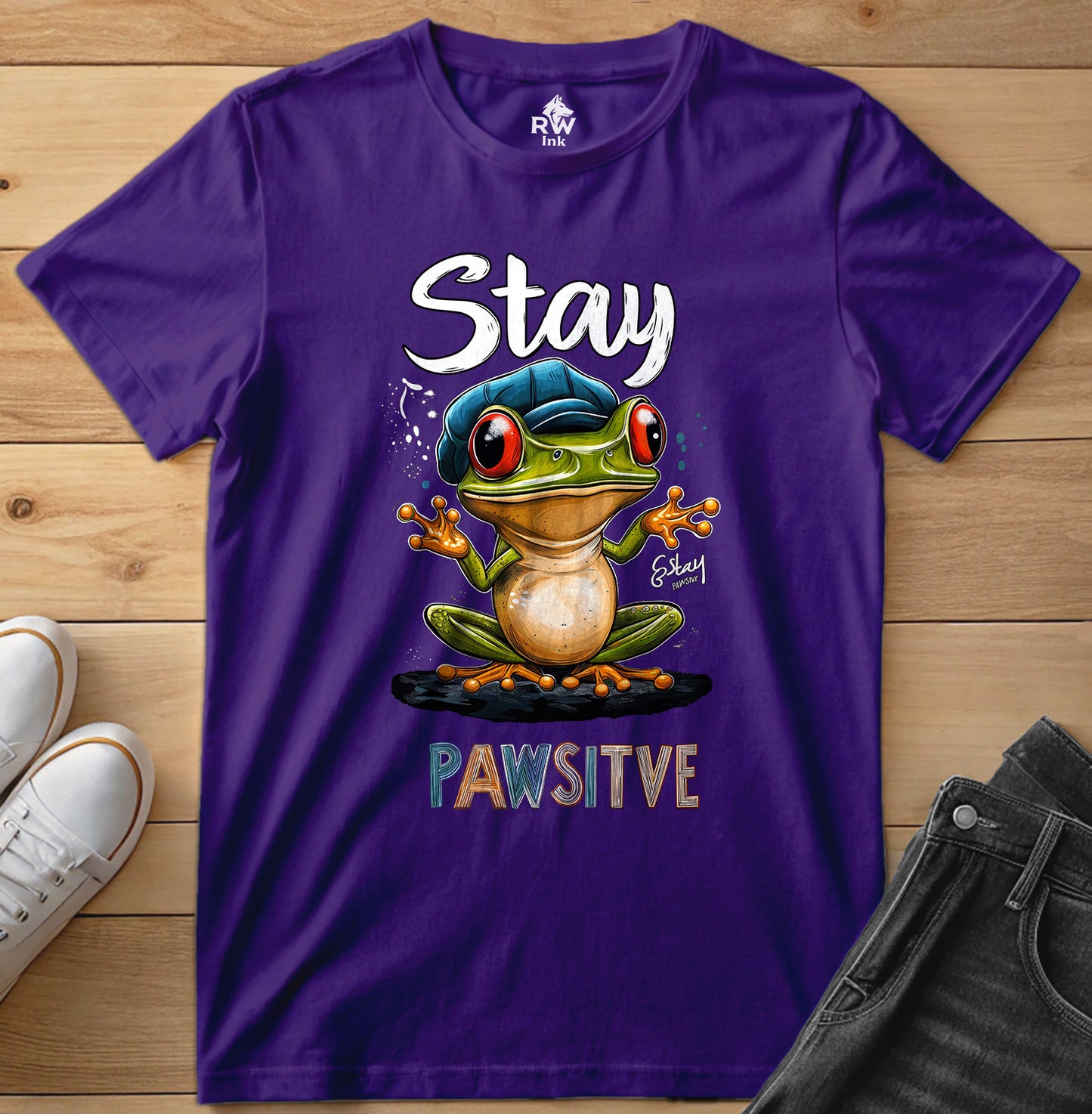 Stay Pawsitive Frog T-Shirt – Funny Cartoon Amphibian Tee – Bella+Canvas 3001 Unisex Tee
