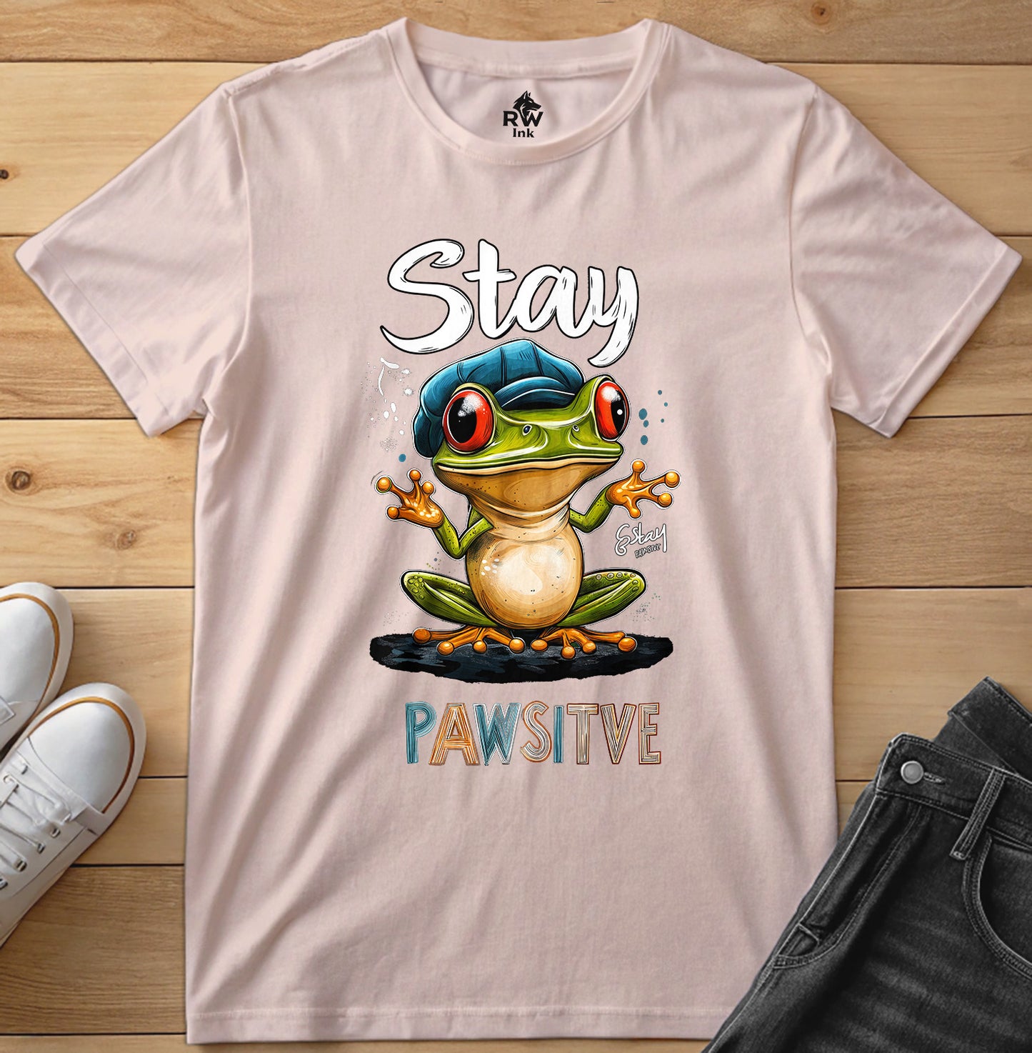 Stay Pawsitive Frog T-Shirt – Funny Cartoon Amphibian Tee – Bella+Canvas 3001 Unisex Tee