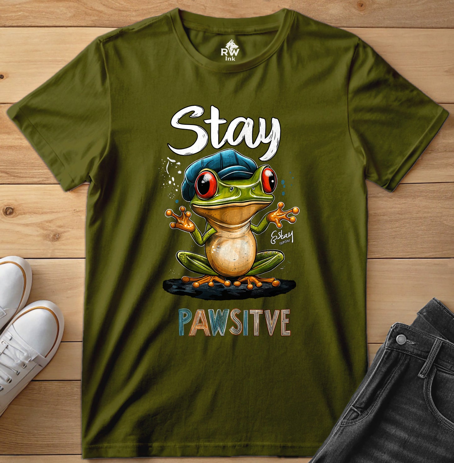 Stay Pawsitive Frog T-Shirt – Funny Cartoon Amphibian Tee – Bella+Canvas 3001 Unisex Tee