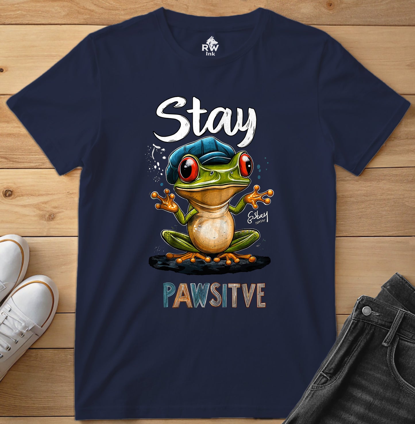 Stay Pawsitive Frog T-Shirt – Funny Cartoon Amphibian Tee – Bella+Canvas 3001 Unisex Tee