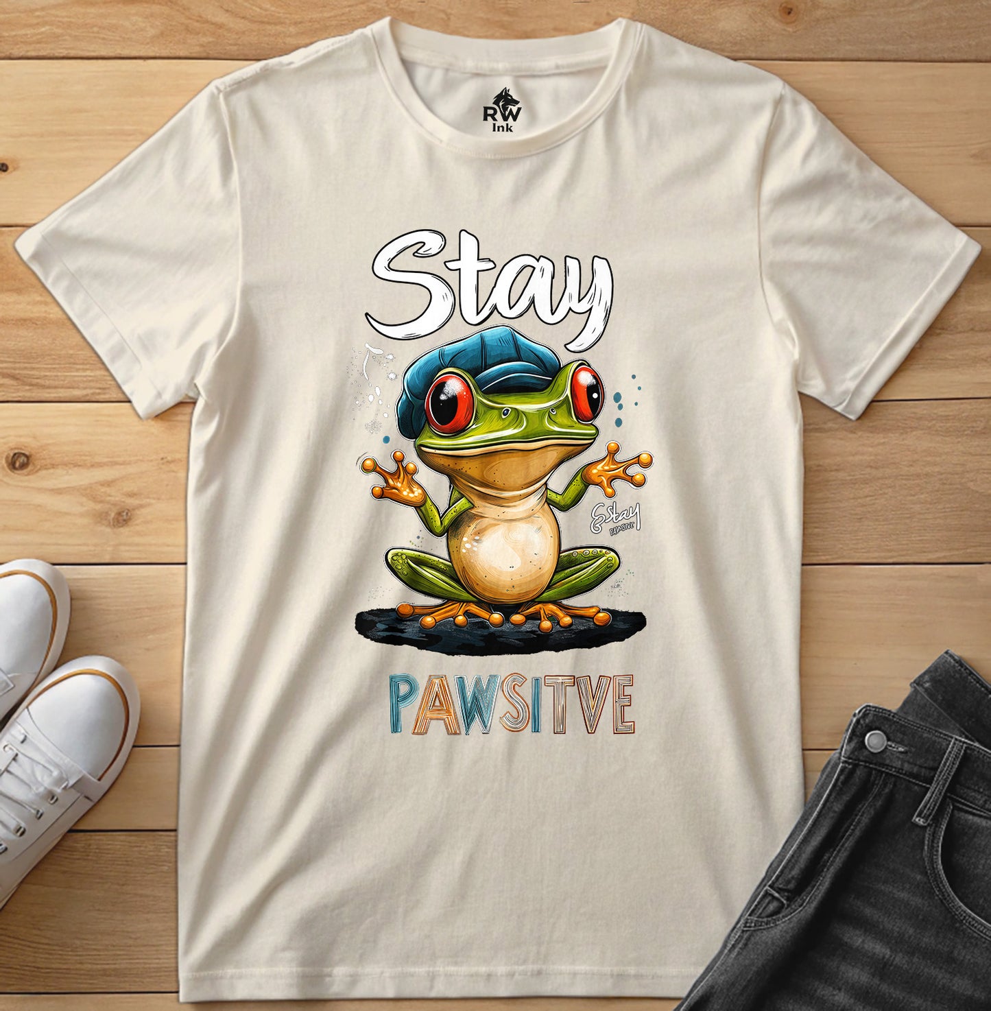 Stay Pawsitive Frog T-Shirt – Funny Cartoon Amphibian Tee – Bella+Canvas 3001 Unisex Tee