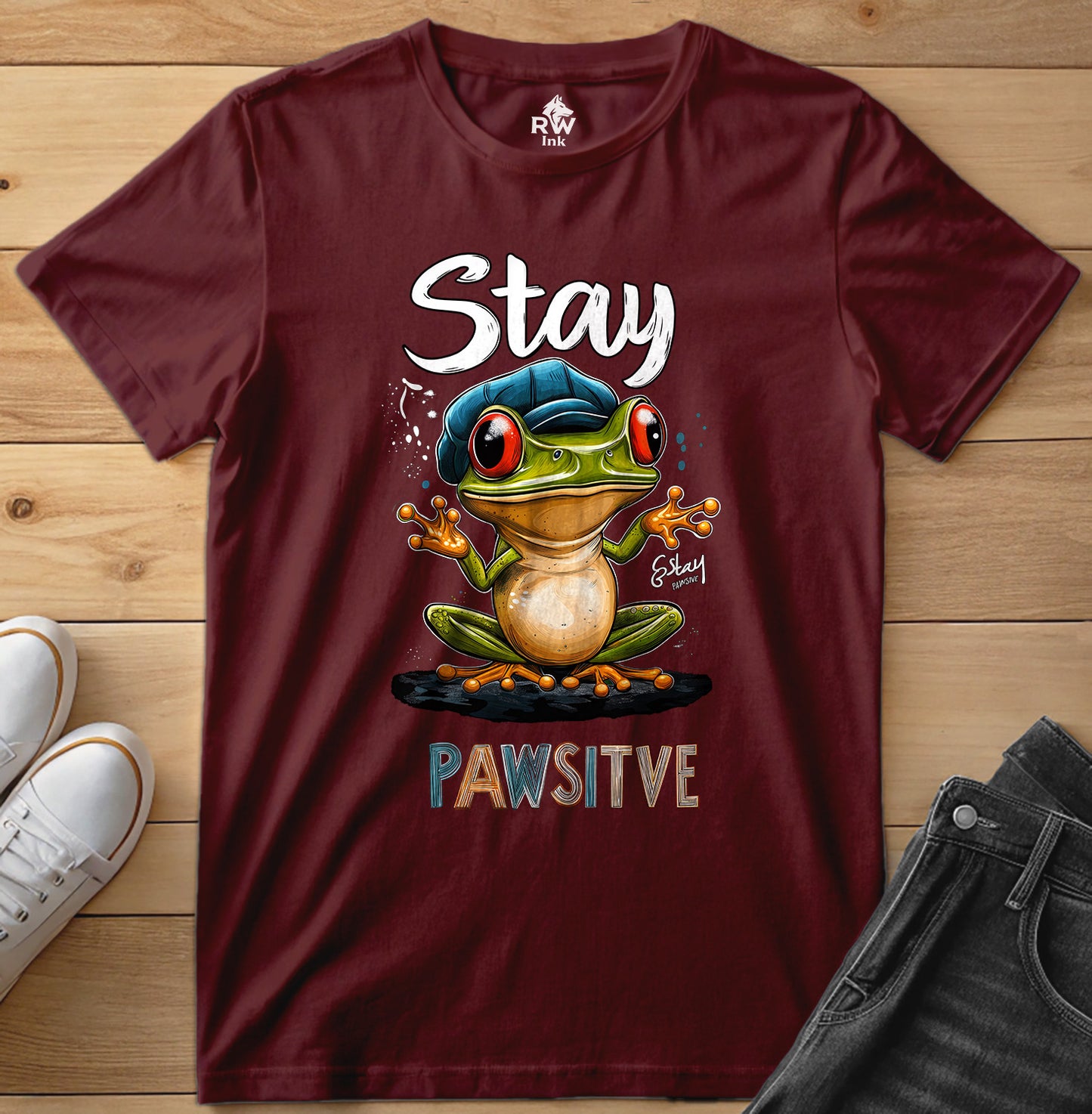 Stay Pawsitive Frog T-Shirt – Funny Cartoon Amphibian Tee – Bella+Canvas 3001 Unisex Tee