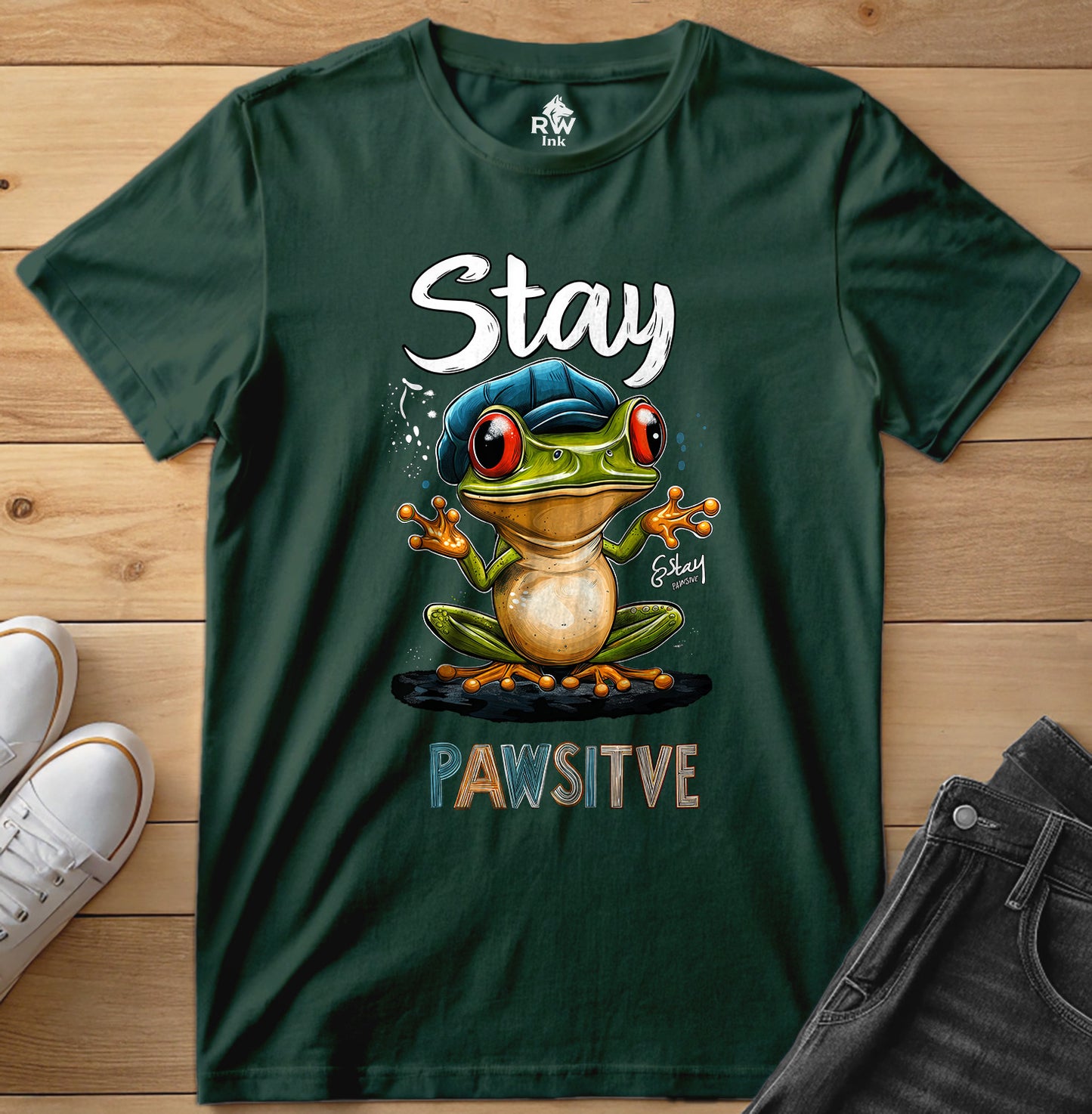 Stay Pawsitive Frog T-Shirt – Funny Cartoon Amphibian Tee – Bella+Canvas 3001 Unisex Tee