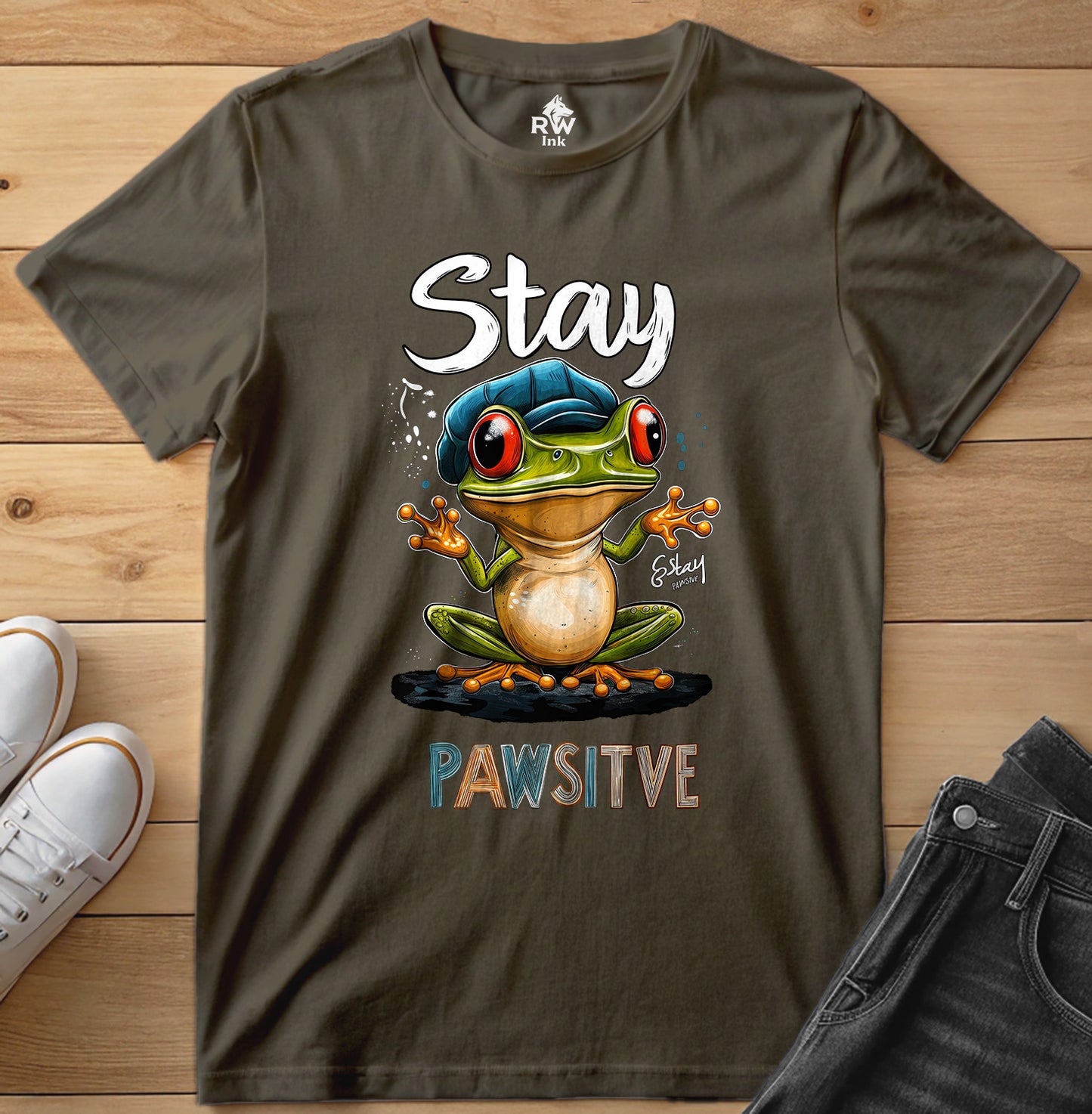 Stay Pawsitive Frog T-Shirt – Funny Cartoon Amphibian Tee – Bella+Canvas 3001 Unisex Tee