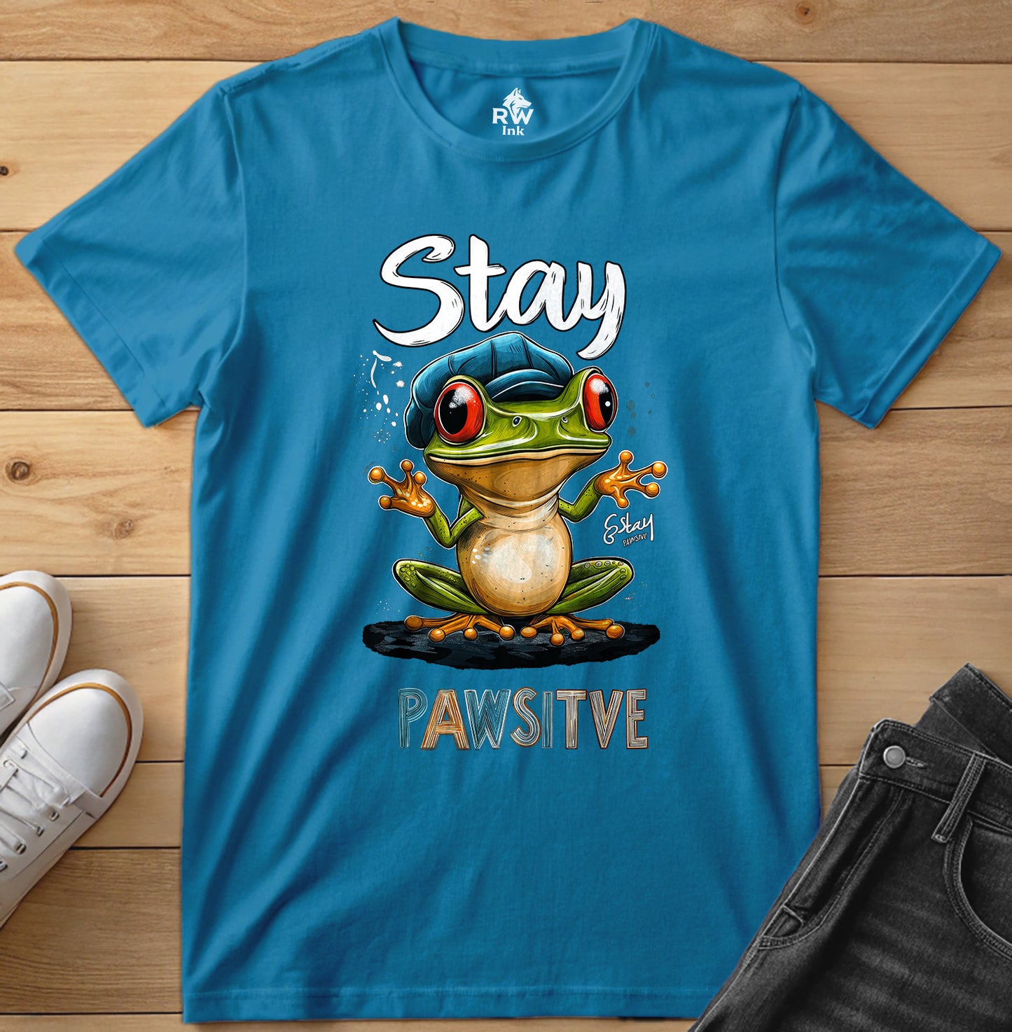 Stay Pawsitive Frog T-Shirt – Funny Cartoon Amphibian Tee – Bella+Canvas 3001 Unisex Tee