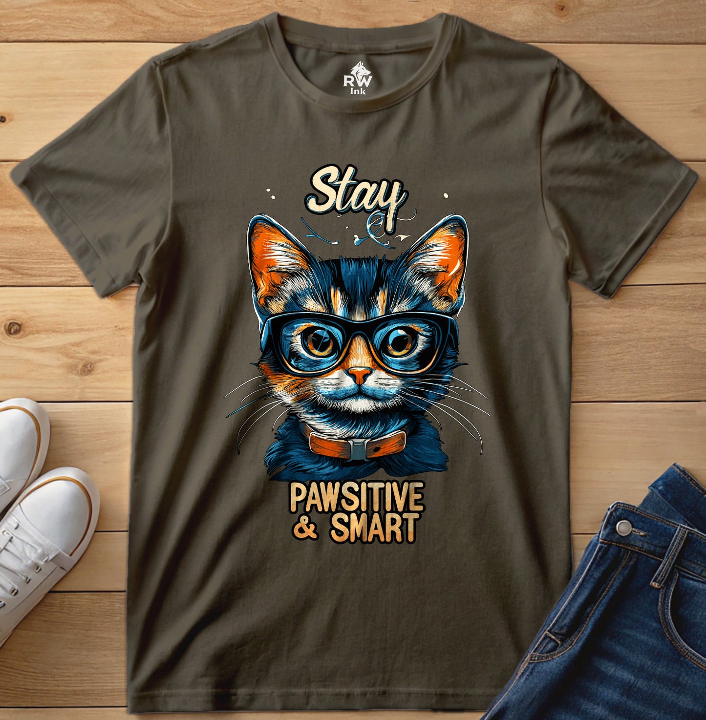 Stay Pawsitive & Smart β Funny Smart Cat T-Shirt for Cat Lovers β Bella+Canvas 3001