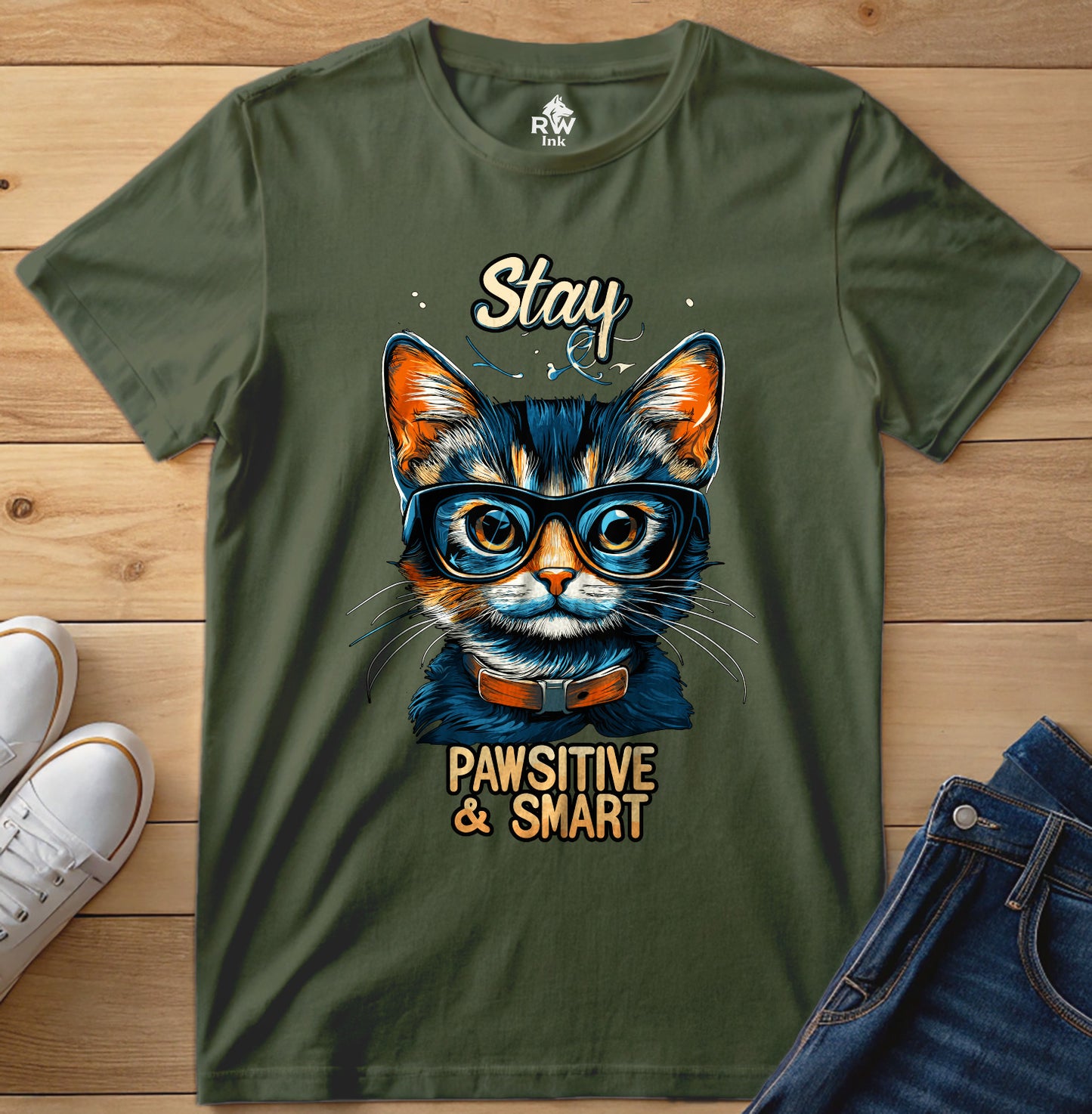 Stay Pawsitive & Smart β Funny Smart Cat T-Shirt for Cat Lovers β Bella+Canvas 3001
