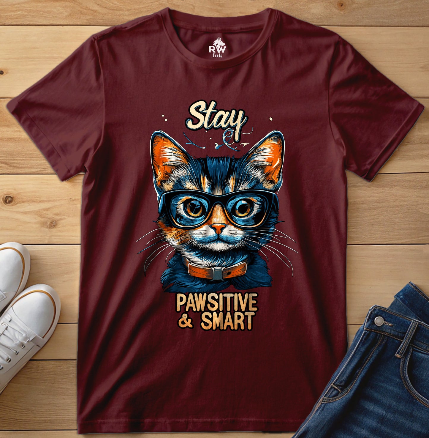 Stay Pawsitive & Smart β Funny Smart Cat T-Shirt for Cat Lovers β Bella+Canvas 3001