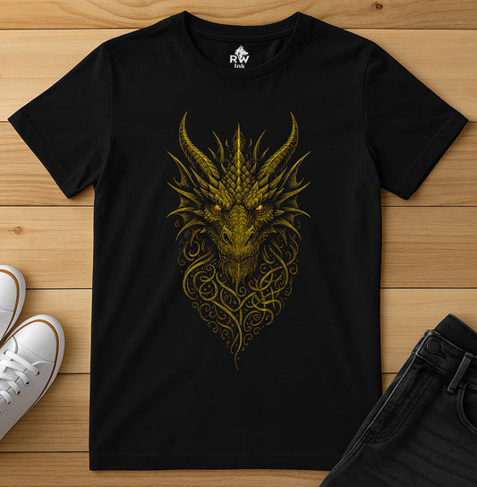 Dragon's Gaze – Ornamental Gold Dragon Head Tee | Bella+Canvas 3001 Unisex T-Shirt