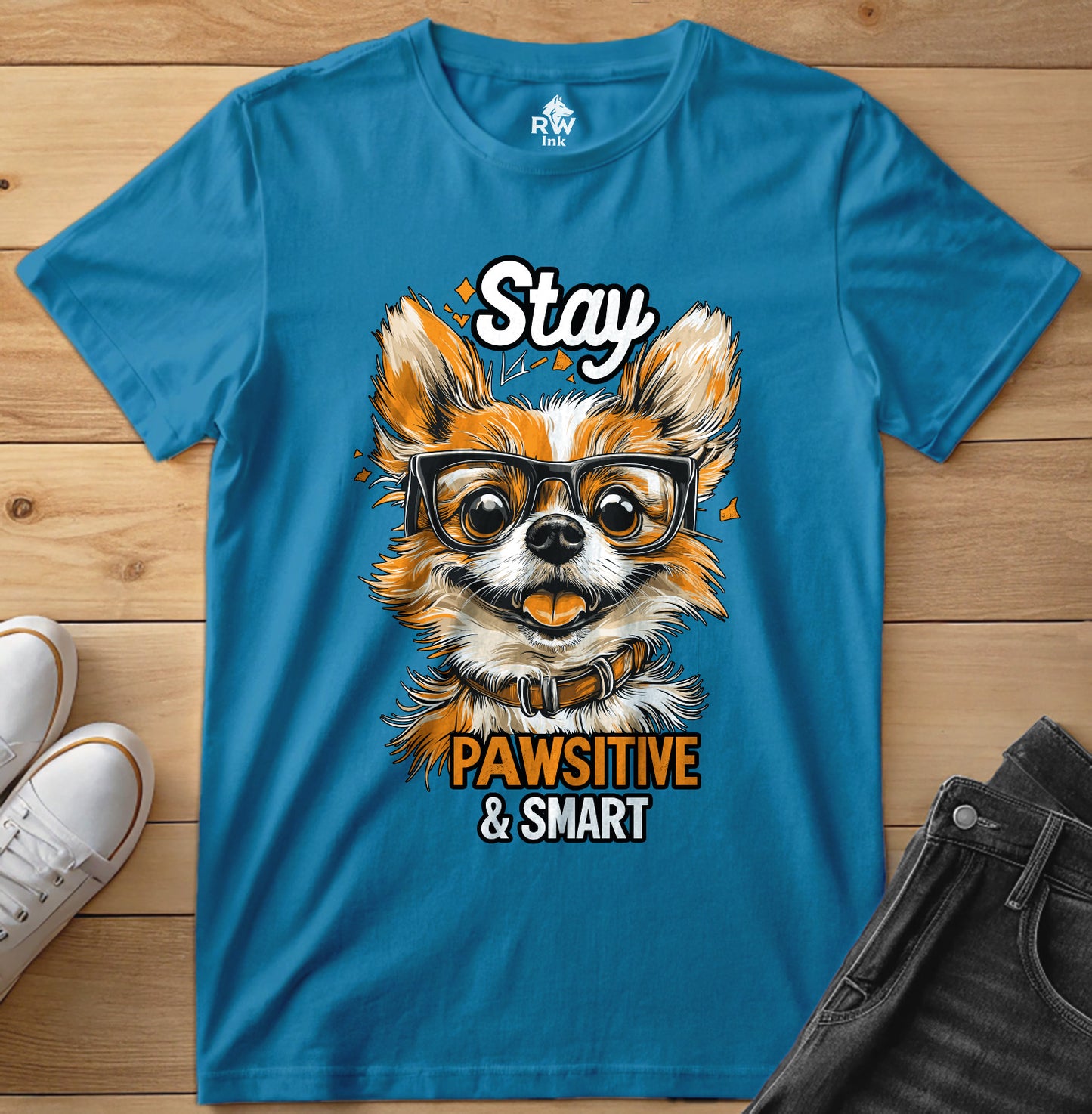 Stay Pawsitive & Smart – Funny Dog Glasses T-Shirt – Bella+Canvas 3001 Unisex Tee