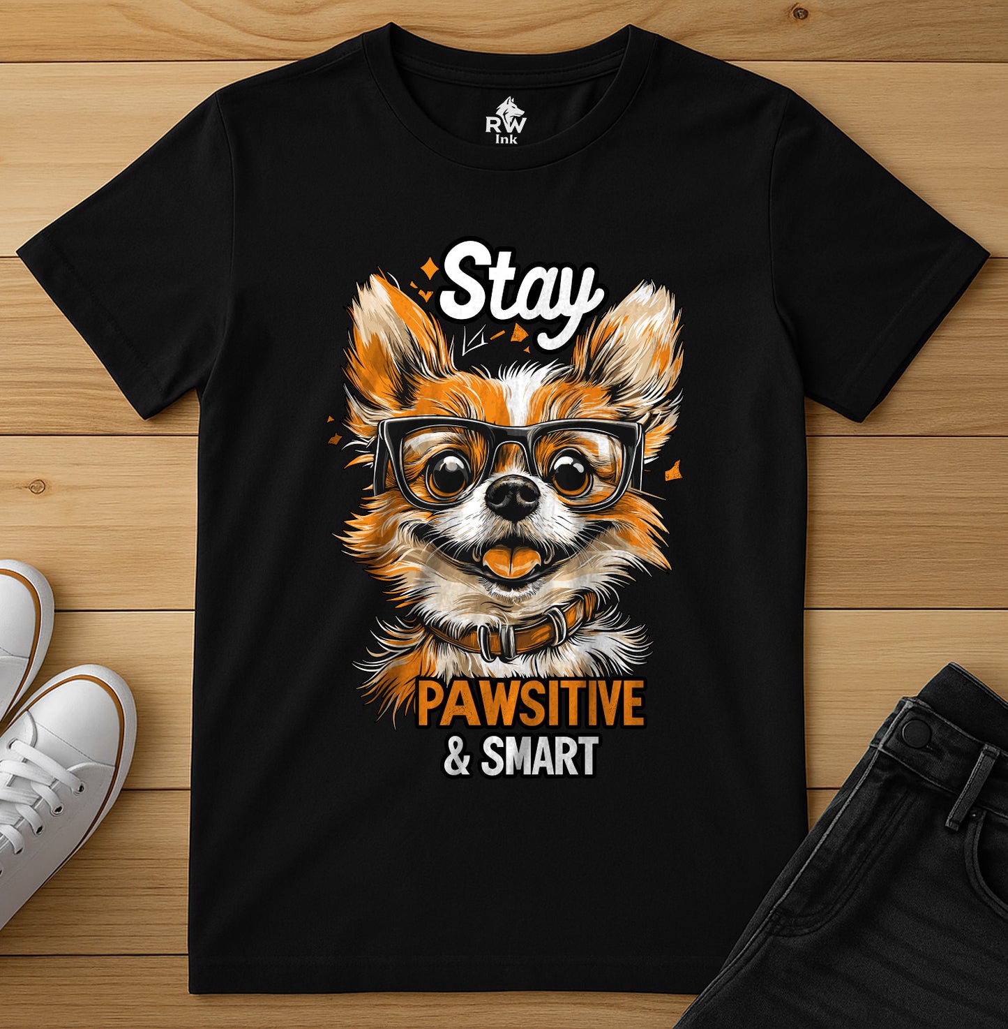 Stay Pawsitive & Smart – Funny Dog Glasses T-Shirt – Bella+Canvas 3001 Unisex Tee