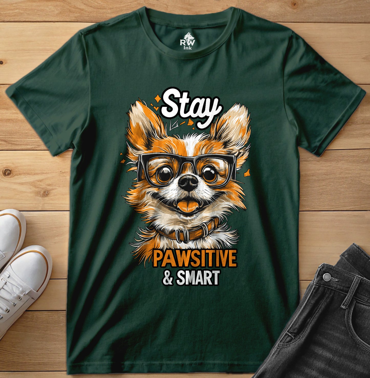 Stay Pawsitive & Smart – Funny Dog Glasses T-Shirt – Bella+Canvas 3001 Unisex Tee