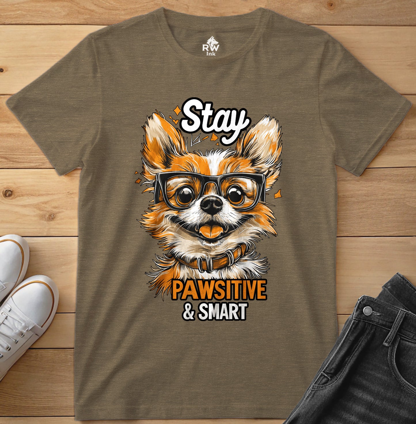 Stay Pawsitive & Smart – Funny Dog Glasses T-Shirt – Bella+Canvas 3001 Unisex Tee