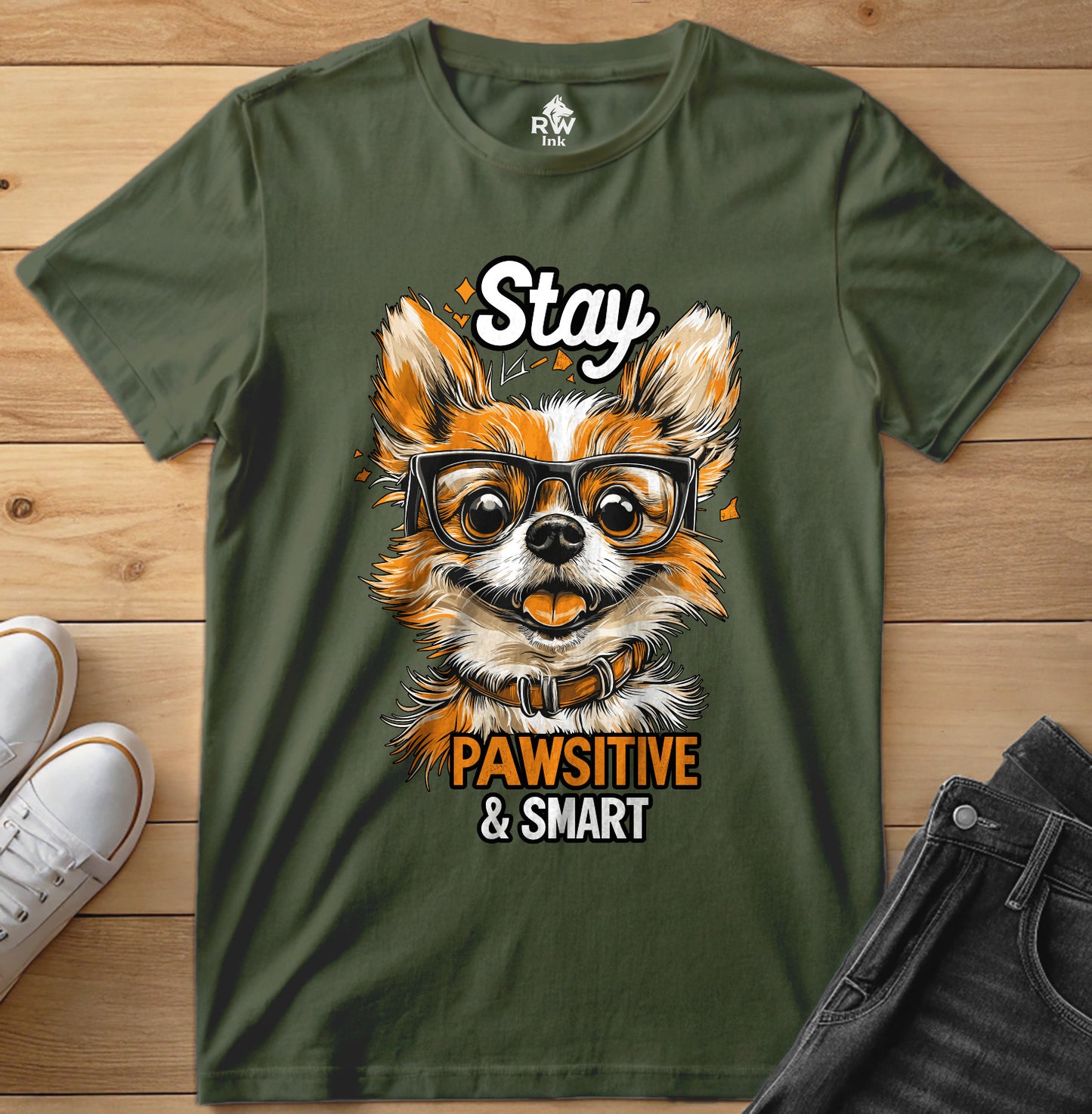 Stay Pawsitive & Smart – Funny Dog Glasses T-Shirt – Bella+Canvas 3001 Unisex Tee