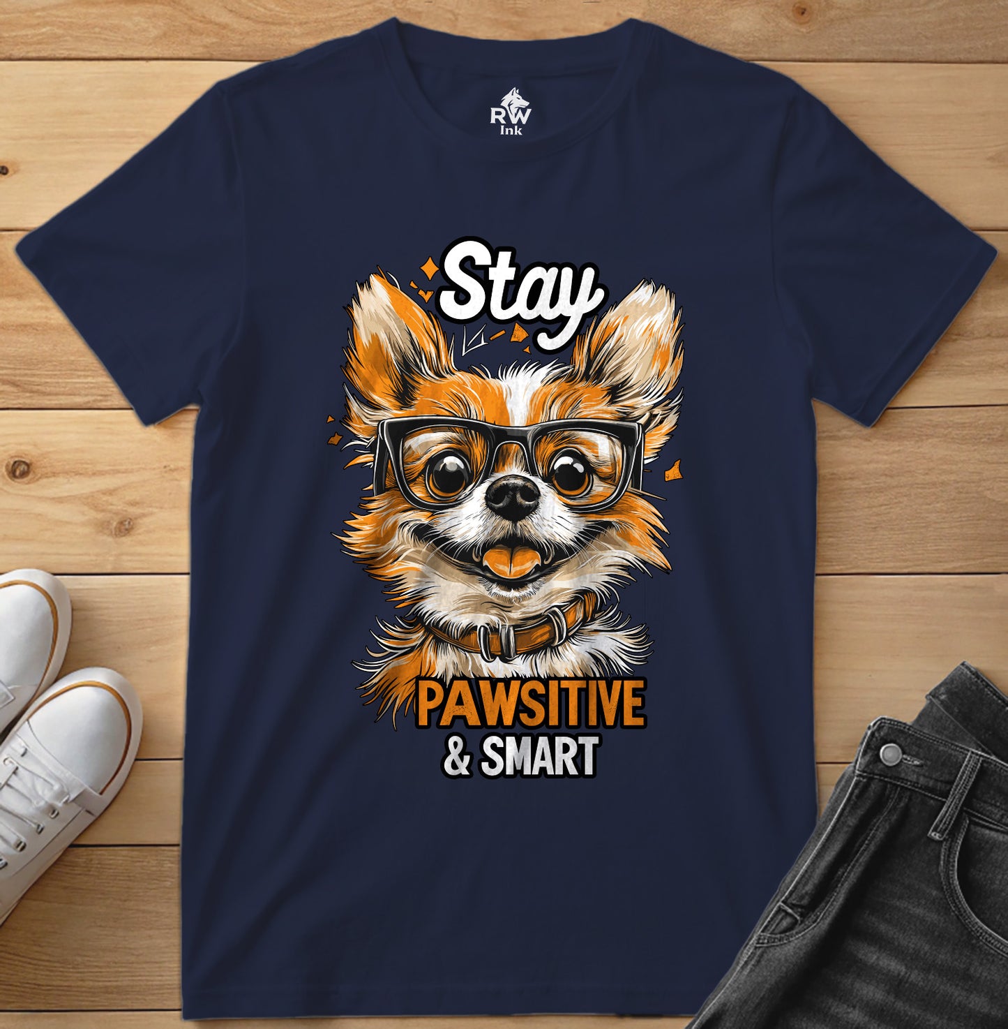 Stay Pawsitive & Smart – Funny Dog Glasses T-Shirt – Bella+Canvas 3001 Unisex Tee
