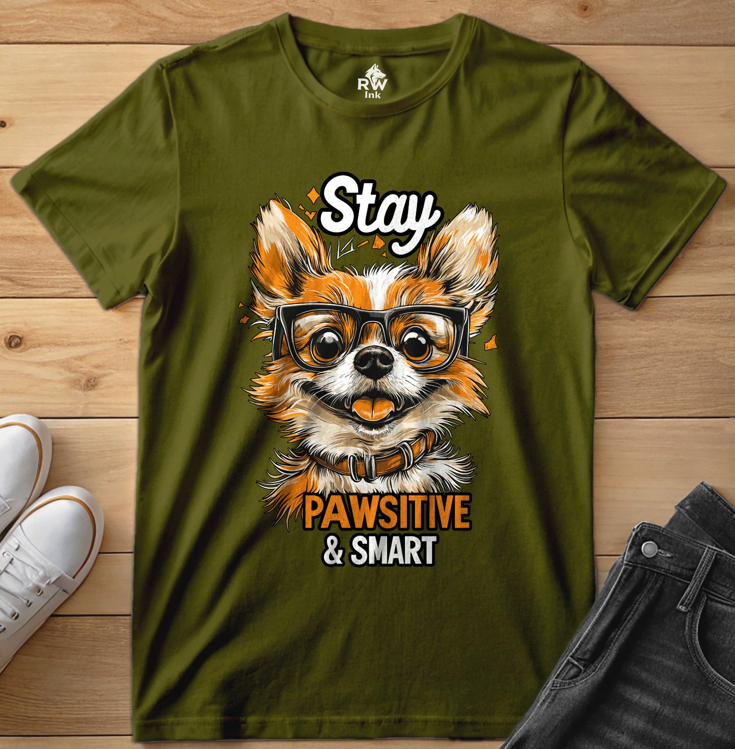 Stay Pawsitive & Smart – Funny Dog Glasses T-Shirt – Bella+Canvas 3001 Unisex Tee