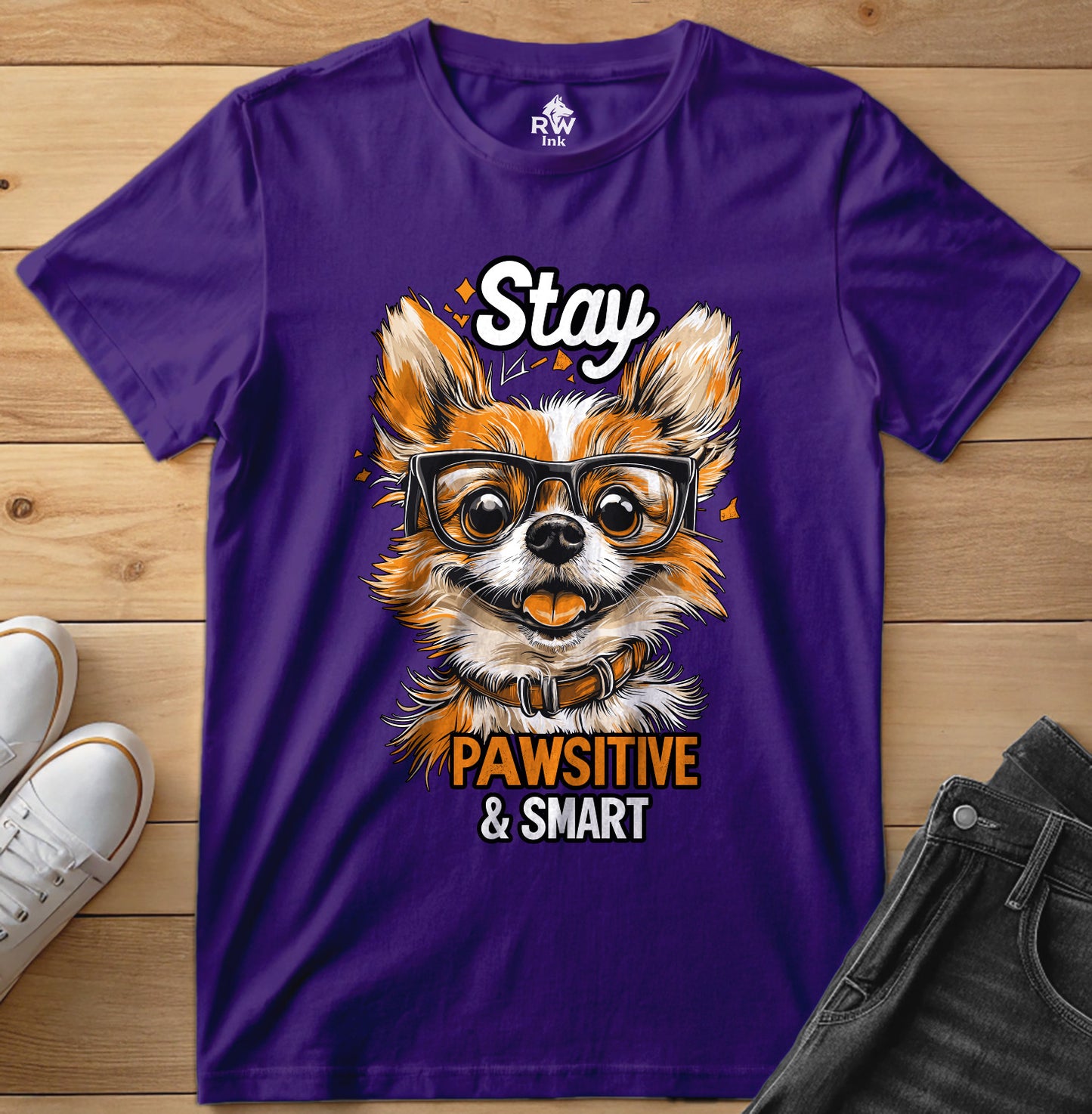 Stay Pawsitive & Smart – Funny Dog Glasses T-Shirt – Bella+Canvas 3001 Unisex Tee