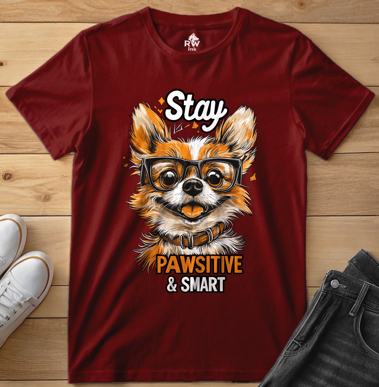 Stay Pawsitive & Smart – Funny Dog Glasses T-Shirt – Bella+Canvas 3001 Unisex Tee