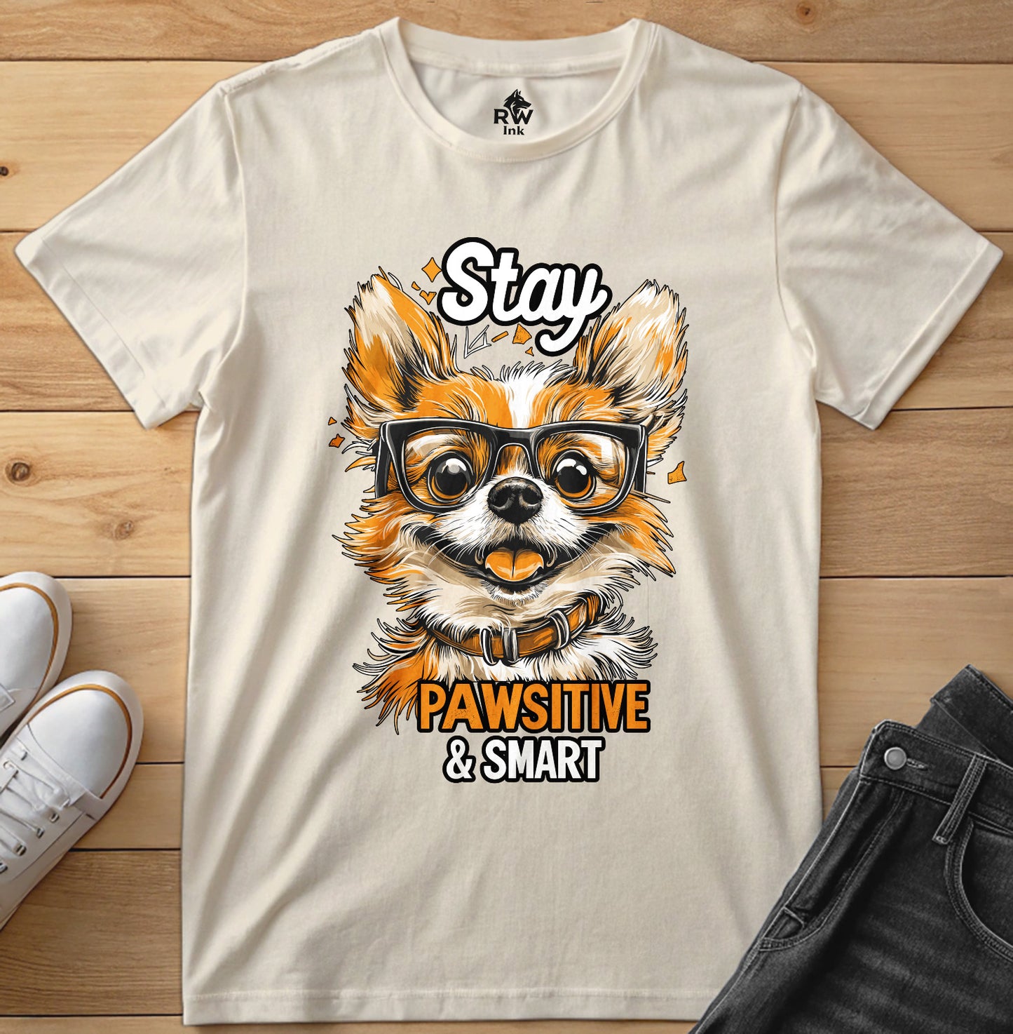 Stay Pawsitive & Smart – Funny Dog Glasses T-Shirt – Bella+Canvas 3001 Unisex Tee