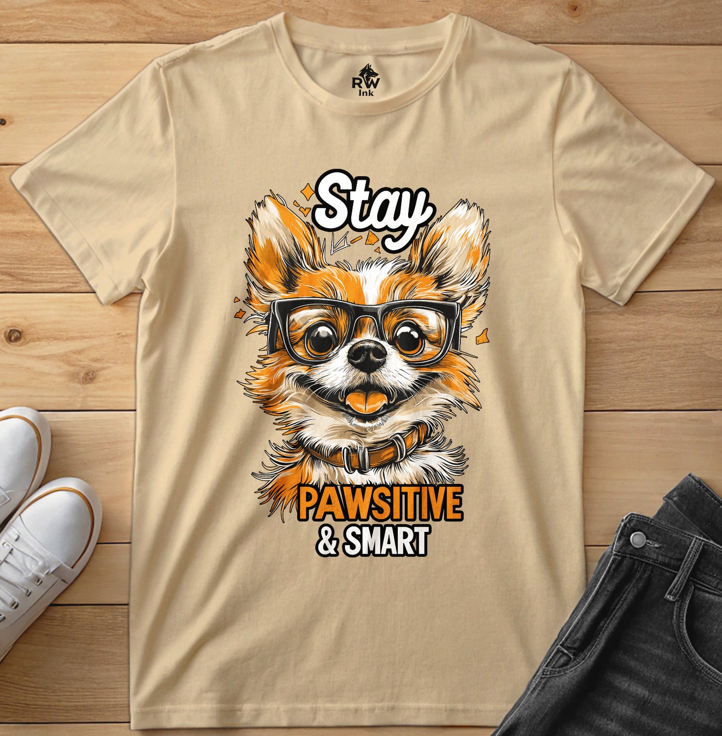 Stay Pawsitive & Smart – Funny Dog Glasses T-Shirt – Bella+Canvas 3001 Unisex Tee