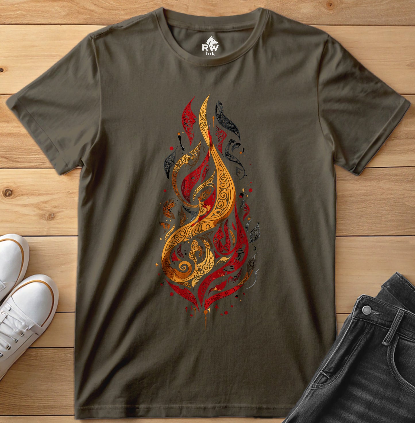 Calligraphic Flame – Art Fire-Inspired T-Shirt | Bella+Canvas 3001 Unisex Tee