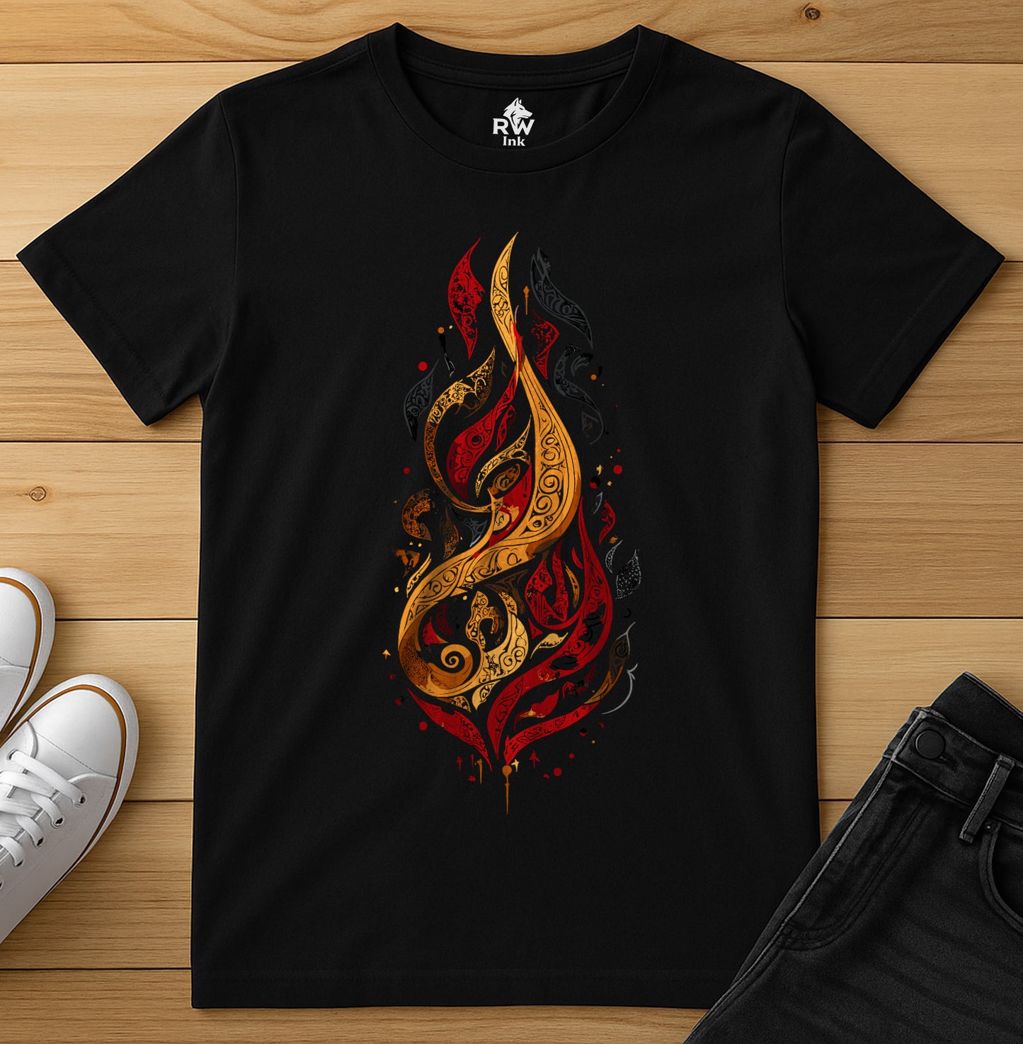 Calligraphic Flame – Art Fire-Inspired T-Shirt | Bella+Canvas 3001 Unisex Tee