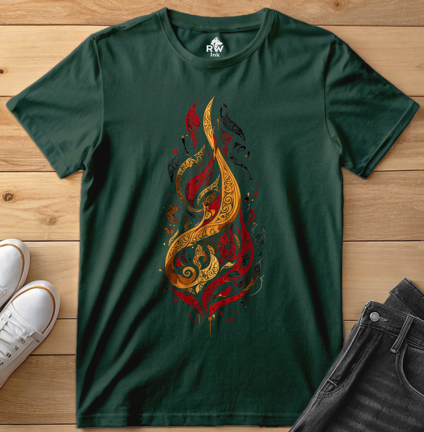 Calligraphic Flame – Art Fire-Inspired T-Shirt | Bella+Canvas 3001 Unisex Tee