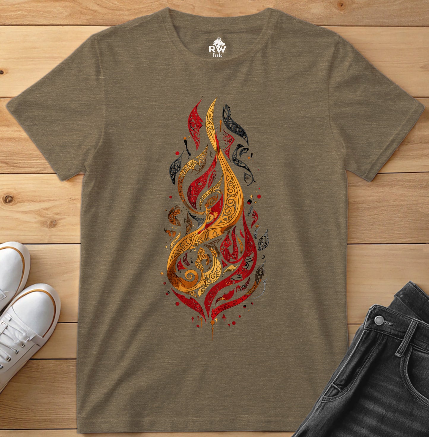 Calligraphic Flame – Art Fire-Inspired T-Shirt | Bella+Canvas 3001 Unisex Tee
