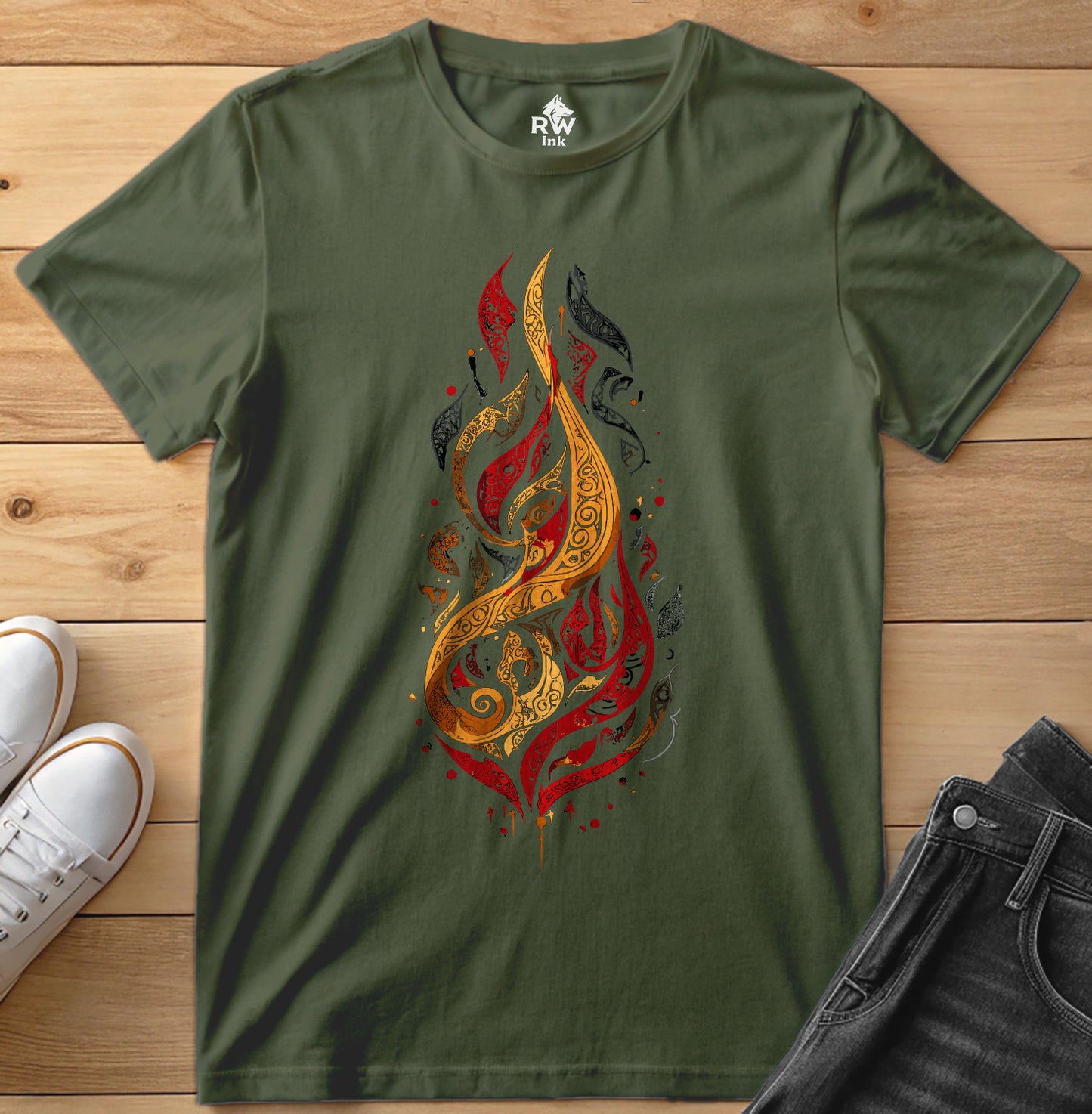 Calligraphic Flame – Art Fire-Inspired T-Shirt | Bella+Canvas 3001 Unisex Tee