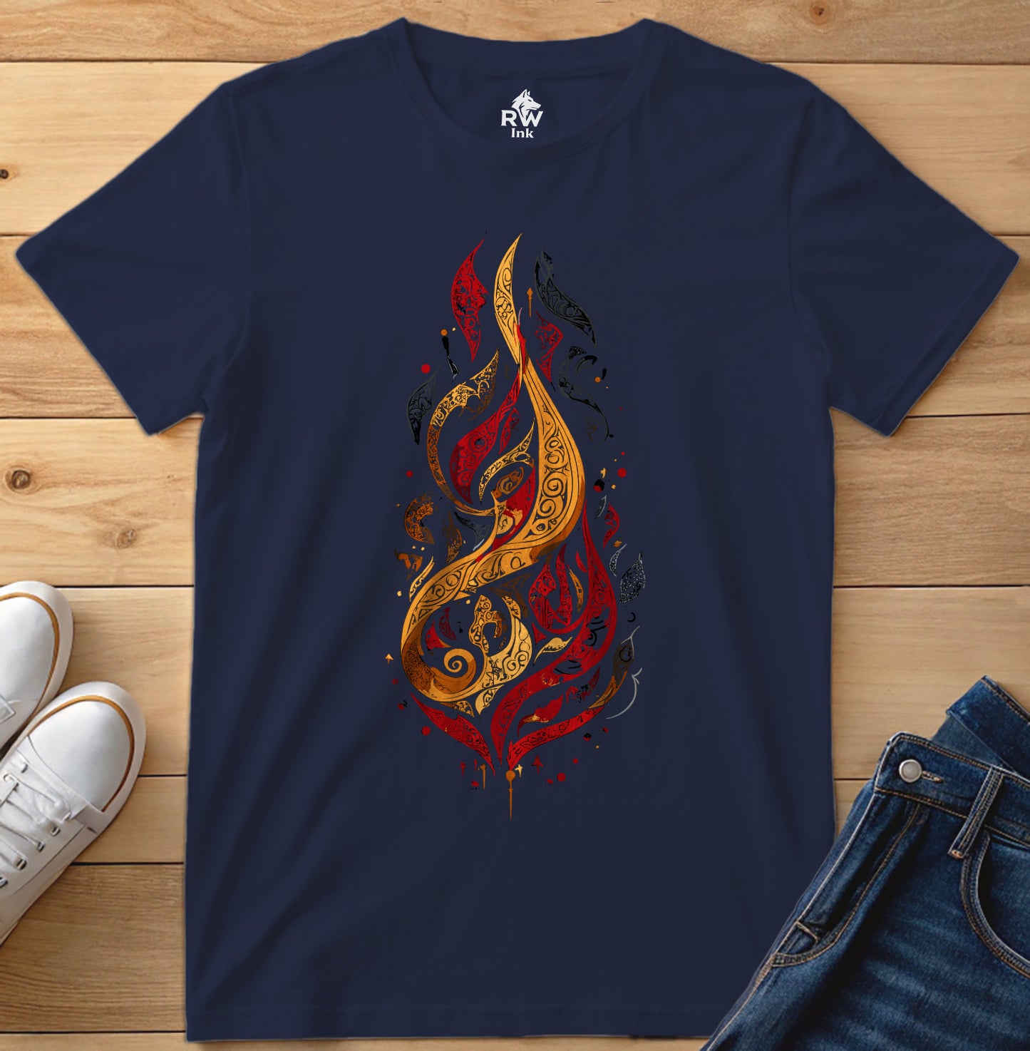 Calligraphic Flame – Art Fire-Inspired T-Shirt | Bella+Canvas 3001 Unisex Tee