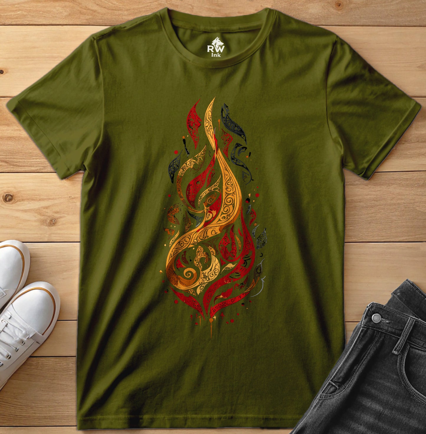 Calligraphic Flame – Art Fire-Inspired T-Shirt | Bella+Canvas 3001 Unisex Tee
