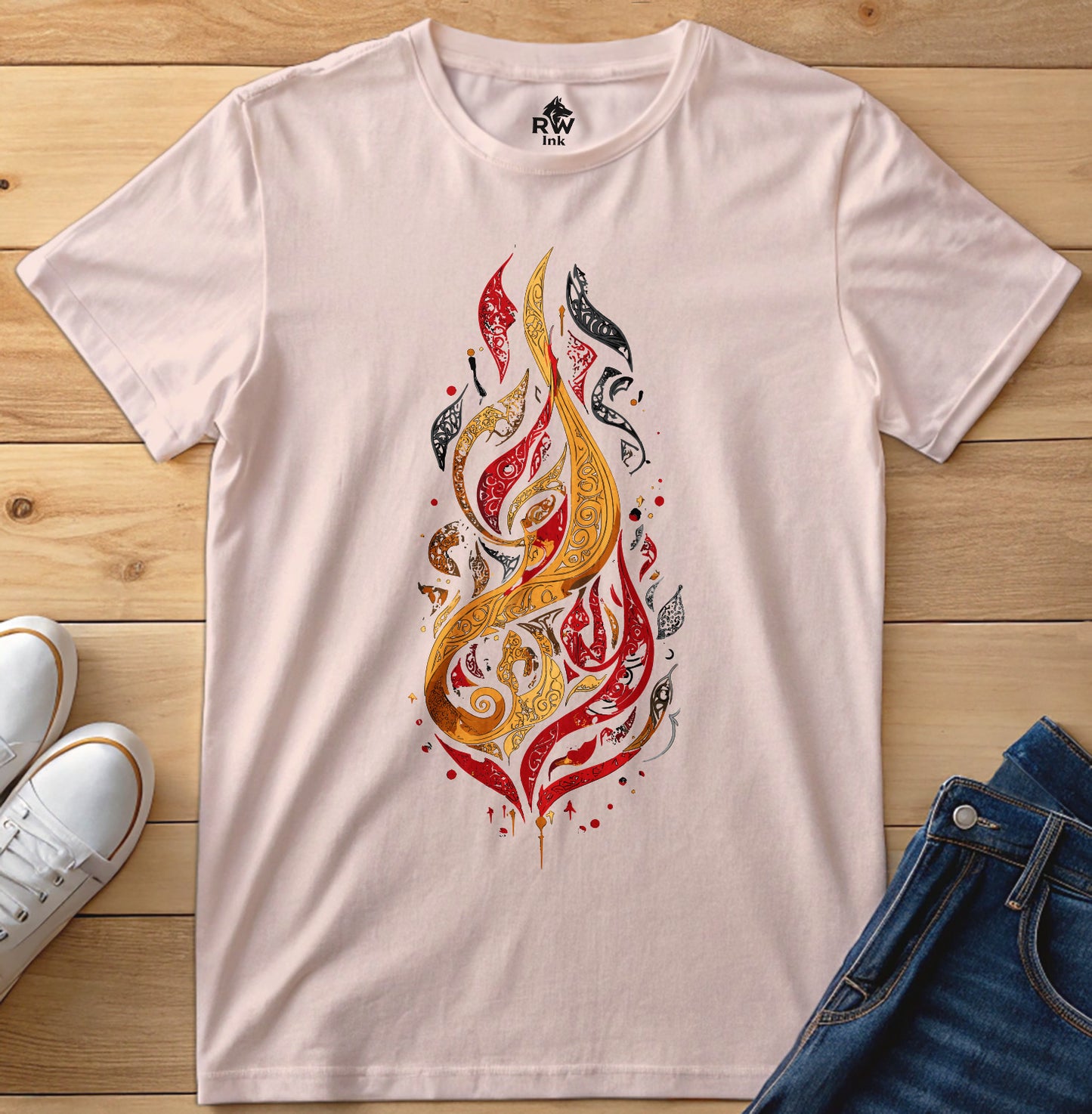 Calligraphic Flame – Art Fire-Inspired T-Shirt | Bella+Canvas 3001 Unisex Tee