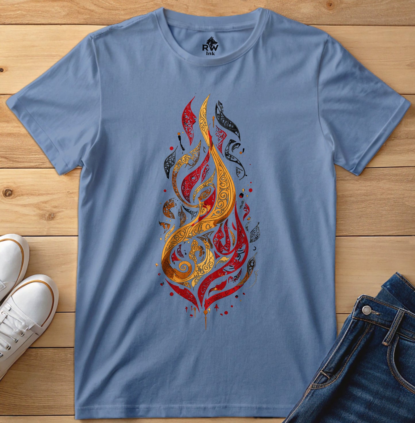 Calligraphic Flame – Art Fire-Inspired T-Shirt | Bella+Canvas 3001 Unisex Tee