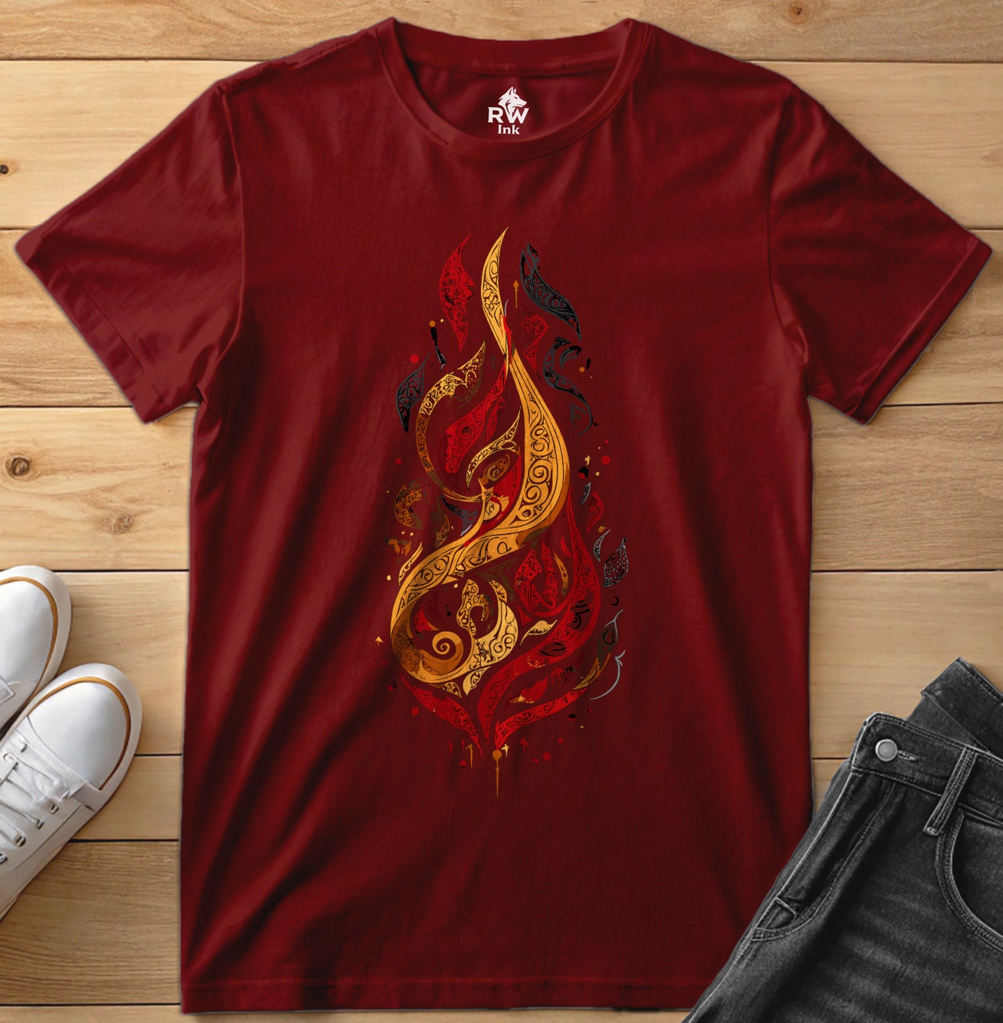 Calligraphic Flame – Art Fire-Inspired T-Shirt | Bella+Canvas 3001 Unisex Tee