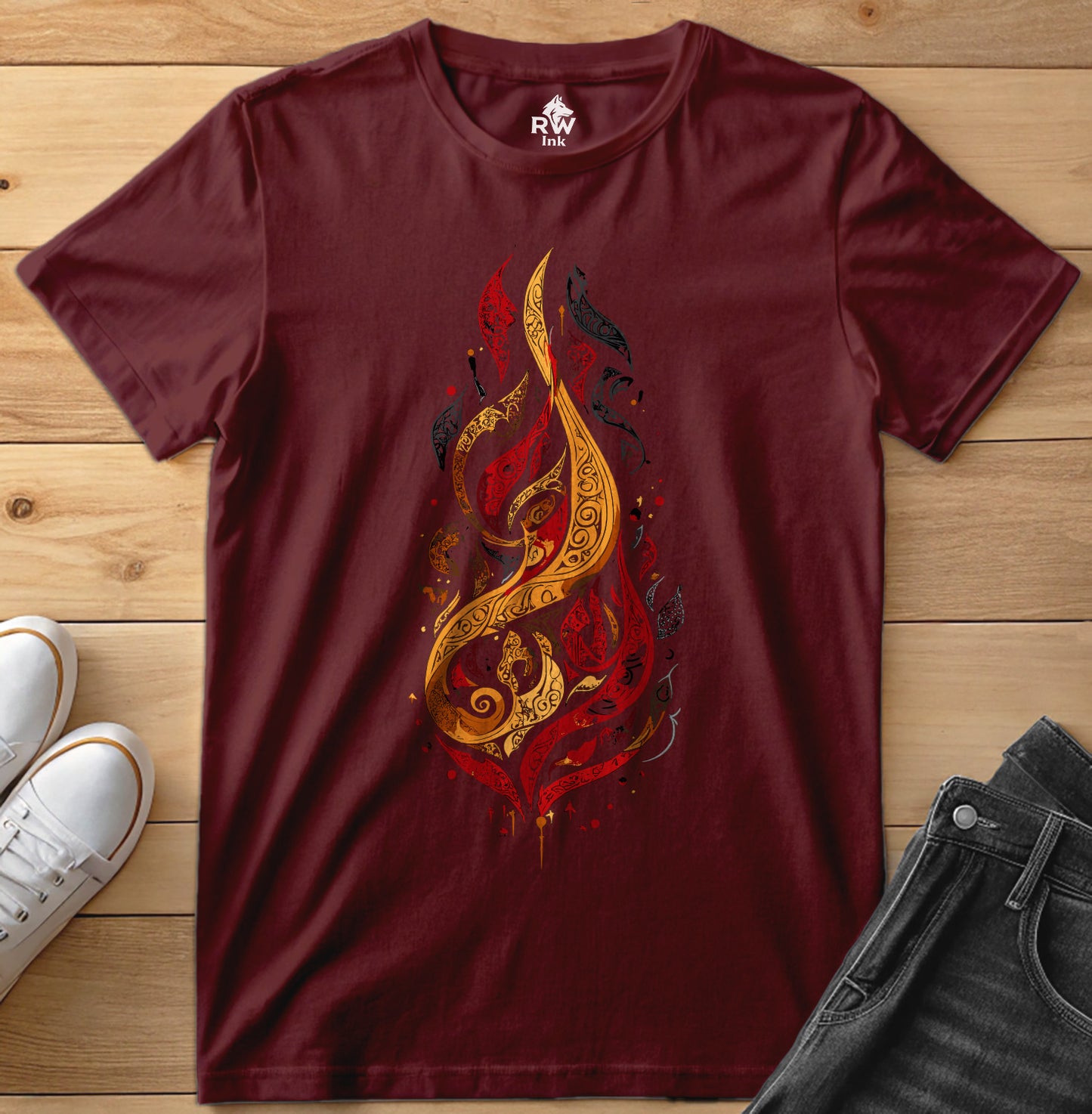 Calligraphic Flame – Art Fire-Inspired T-Shirt | Bella+Canvas 3001 Unisex Tee