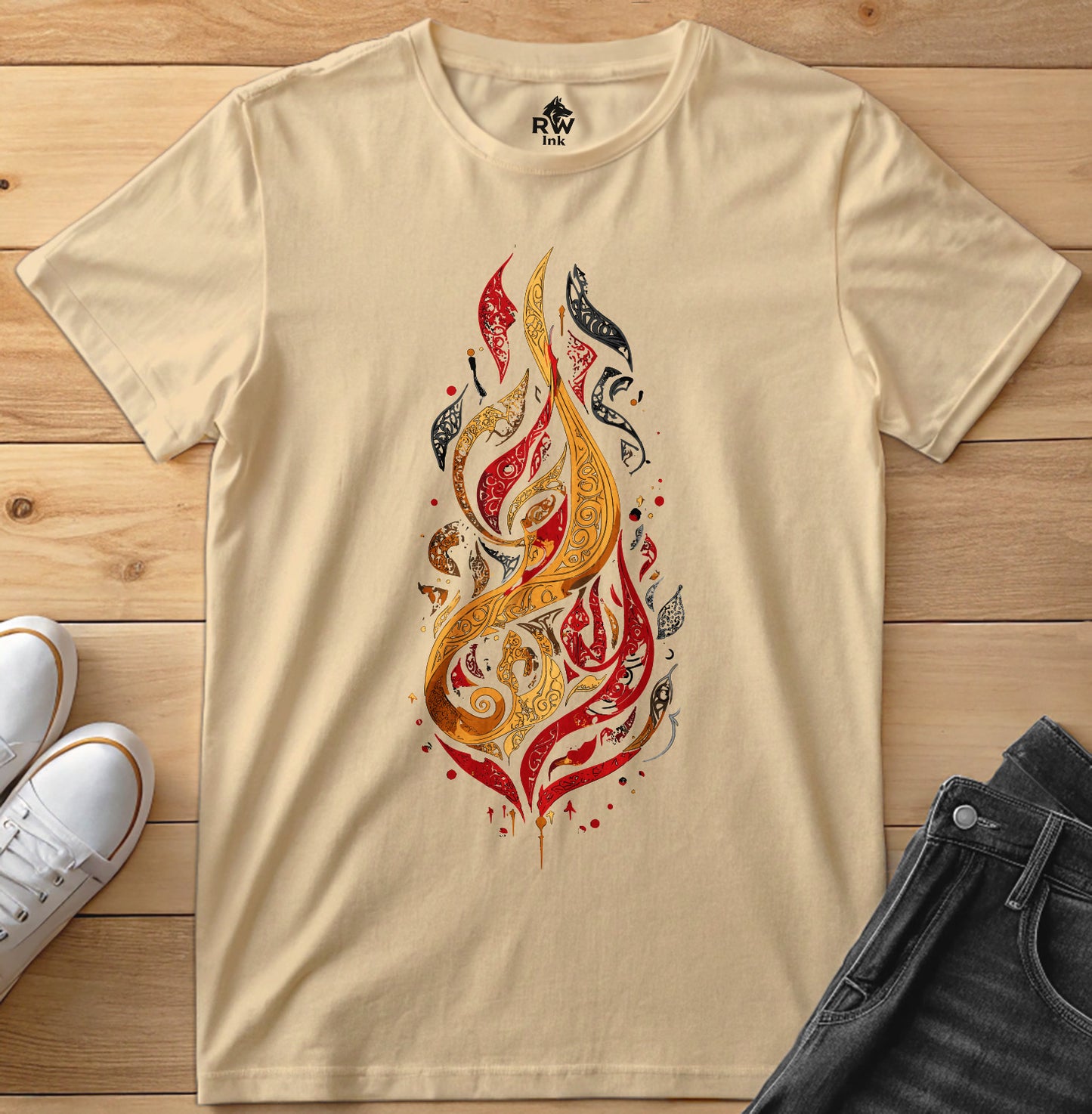 Calligraphic Flame – Art Fire-Inspired T-Shirt | Bella+Canvas 3001 Unisex Tee