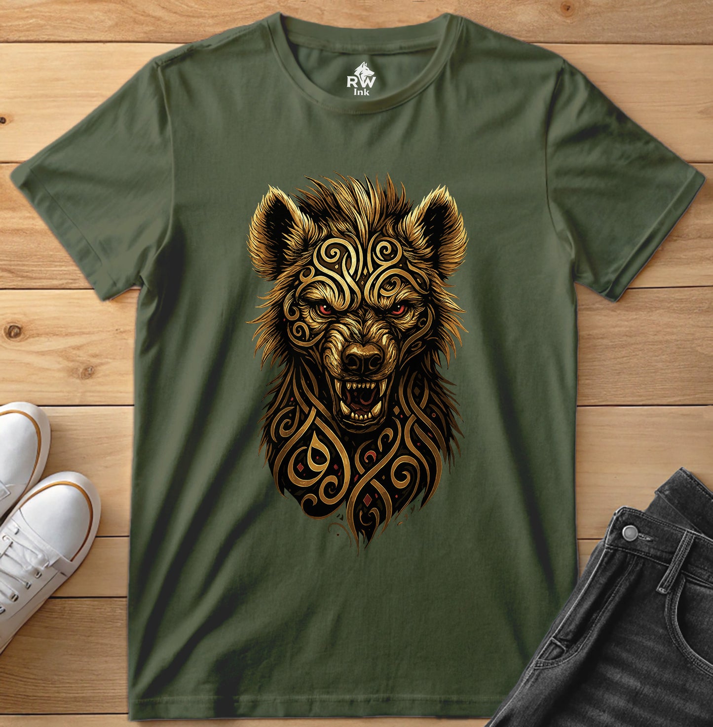 Majestic Hyena – Tribal Calligraphy Tee | Bella+Canvas 3001 Unisex T-Shirt