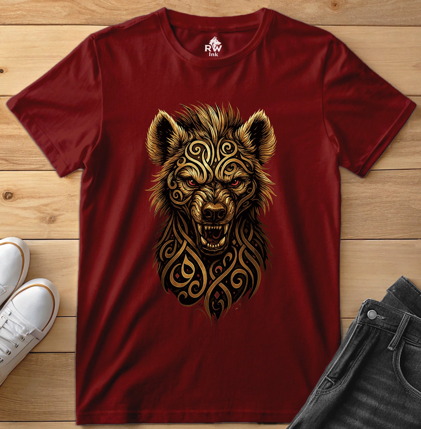 Majestic Hyena – Tribal Calligraphy Tee | Bella+Canvas 3001 Unisex T-Shirt