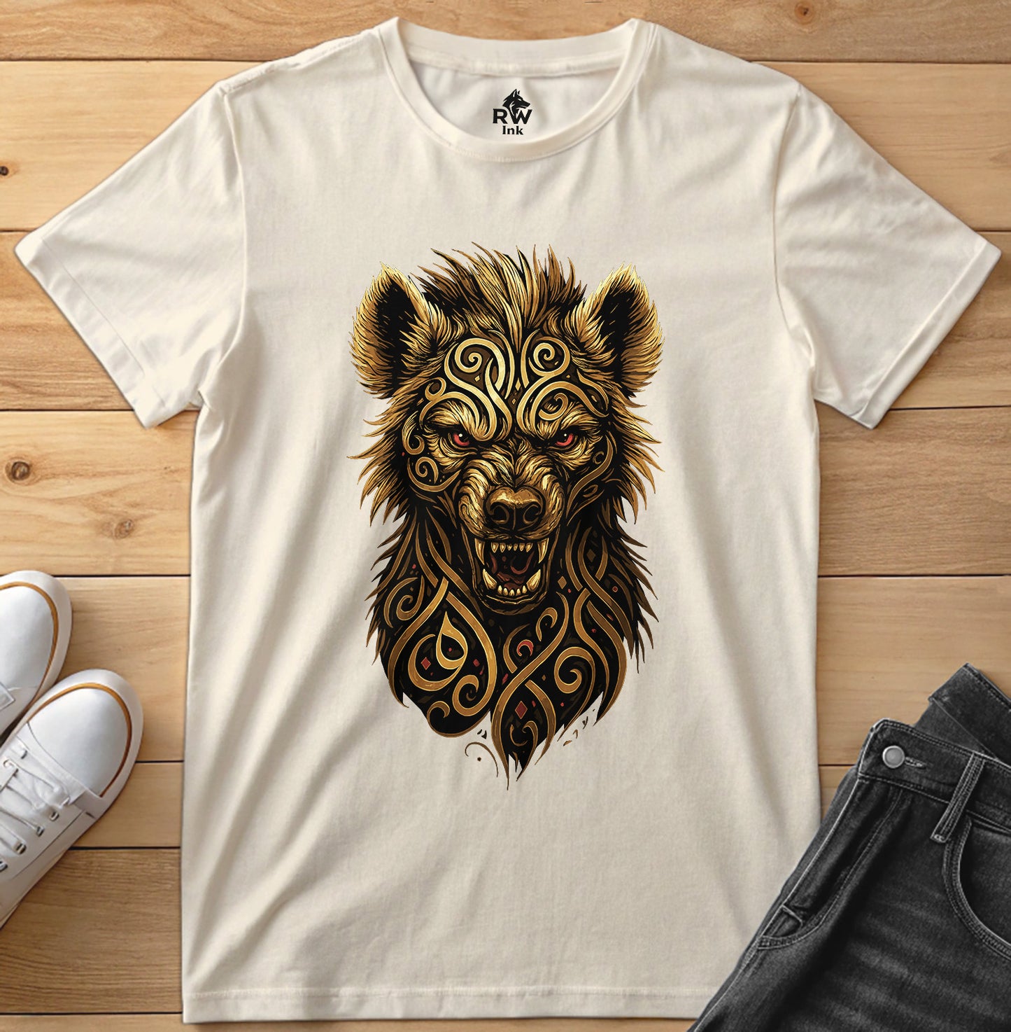 Majestic Hyena – Tribal Calligraphy Tee | Bella+Canvas 3001 Unisex T-Shirt