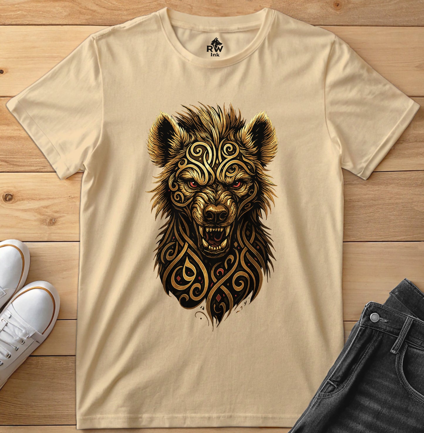 Majestic Hyena – Tribal Calligraphy Tee | Bella+Canvas 3001 Unisex T-Shirt