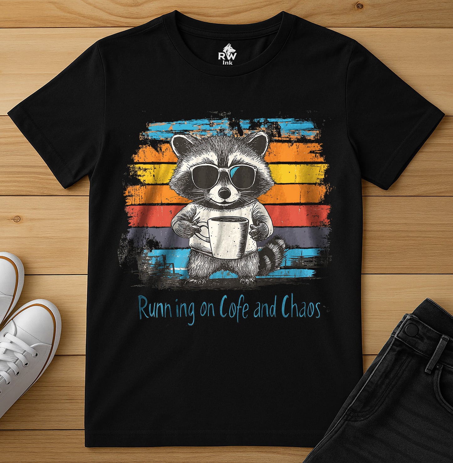 Running on Coffee and Chaos – Funny Raccoon T-Shirt – Bella+Canvas 3001 Unisex Tee