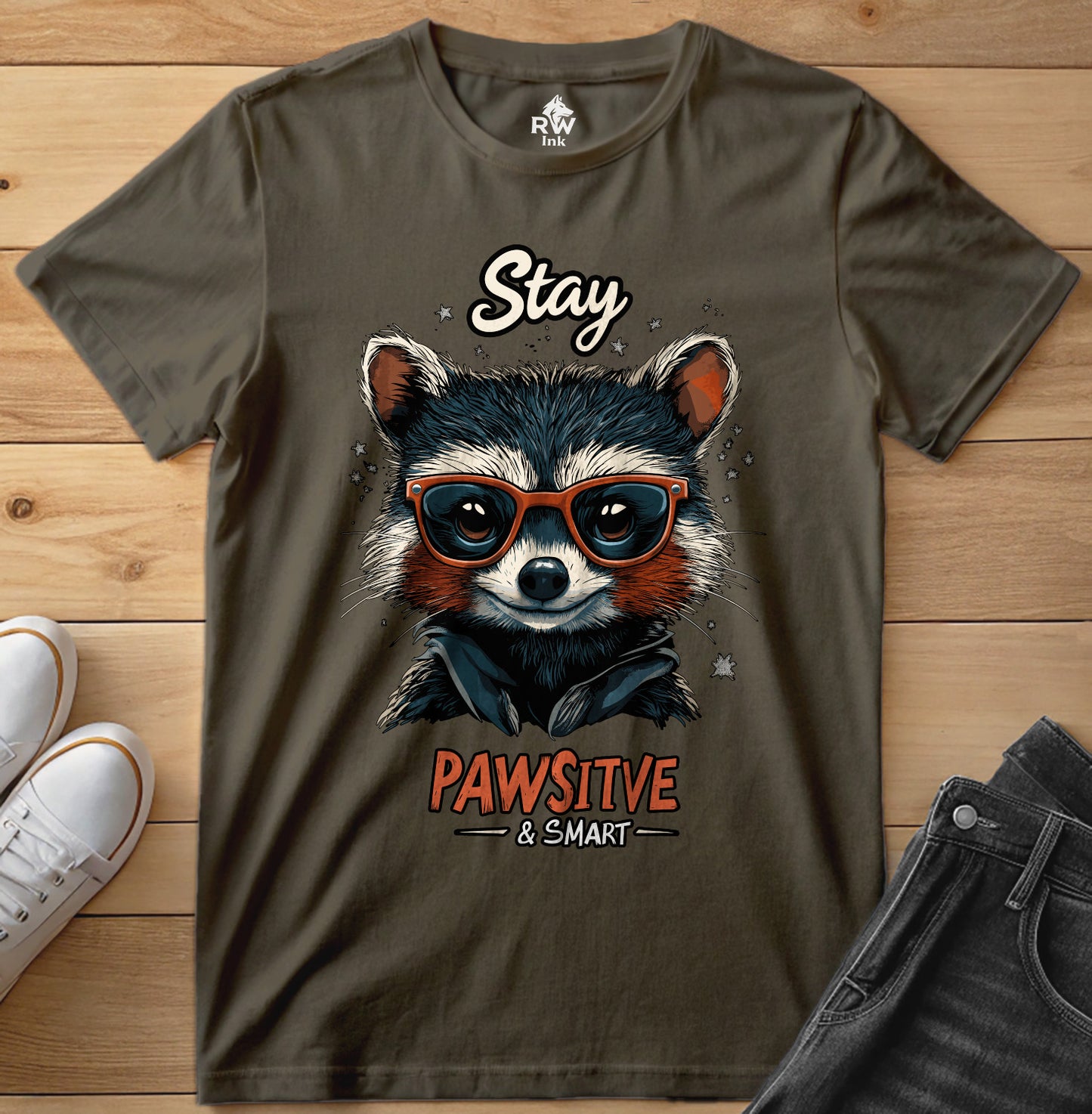 Stay Pawsitive & Smart β Cool Raccoon T-Shirt with Glasses β Animal Lover Gift β Bella+Canvas 3001