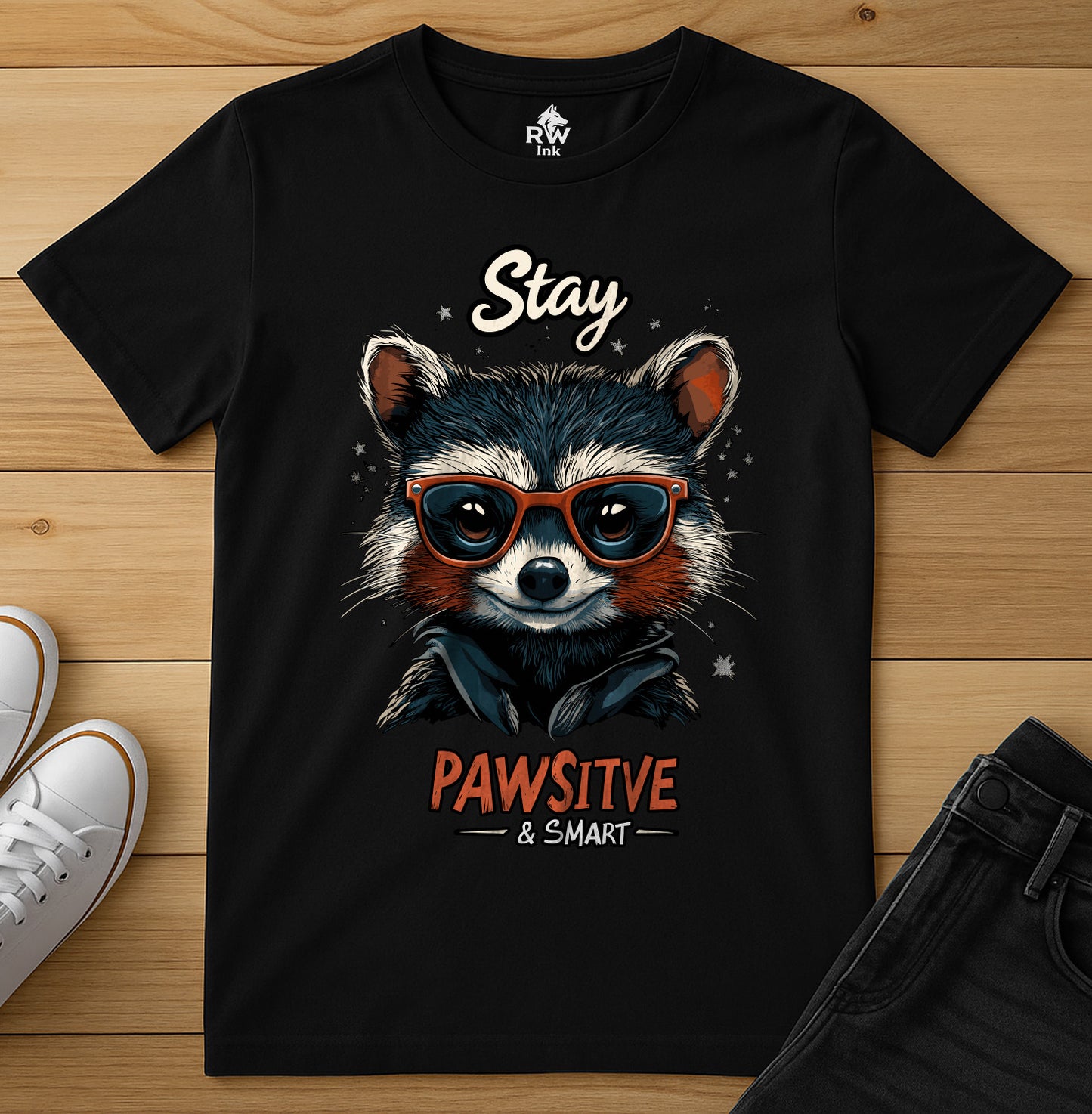Stay Pawsitive & Smart β Cool Raccoon T-Shirt with Glasses β Animal Lover Gift β Bella+Canvas 3001