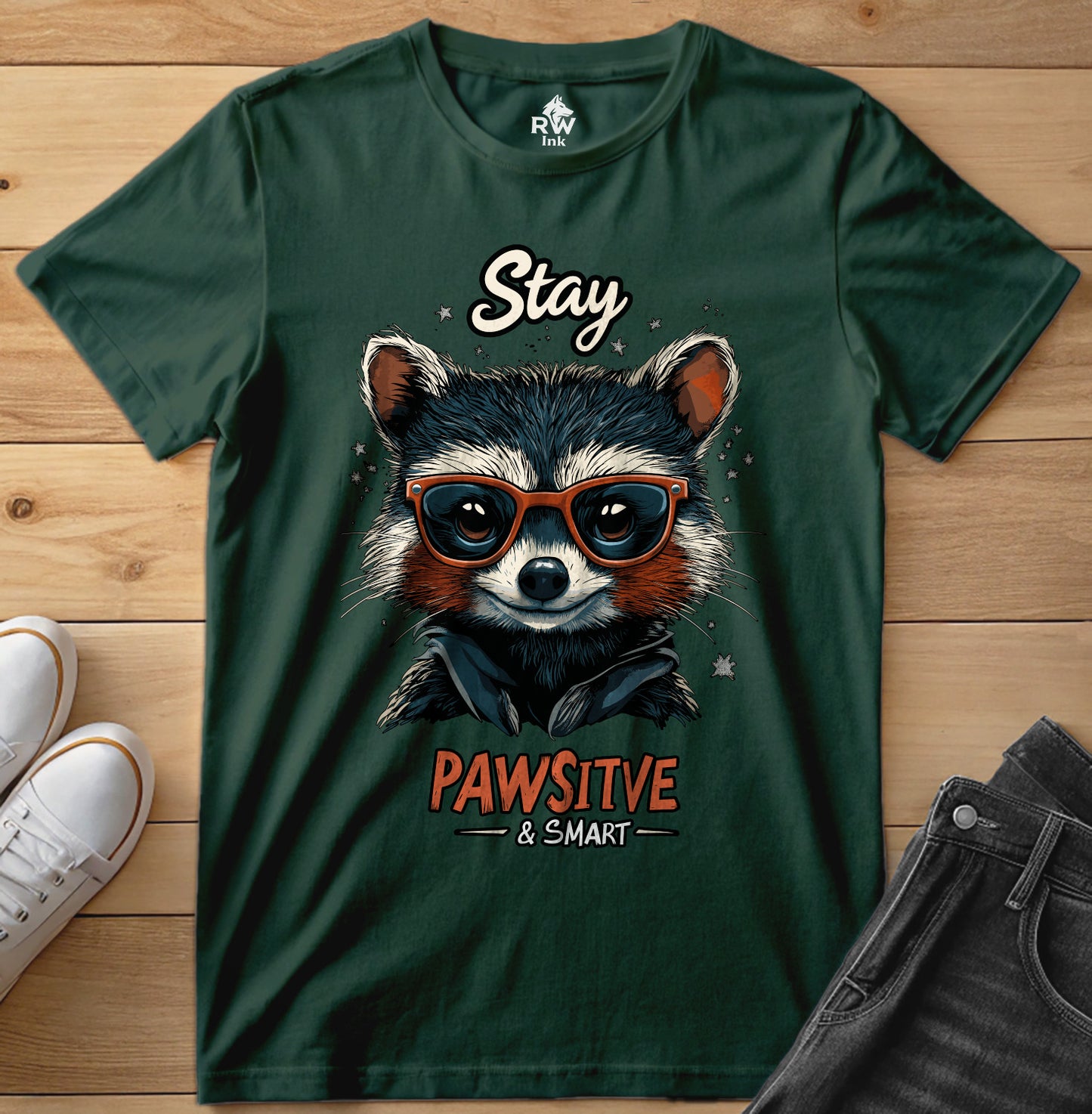 Stay Pawsitive & Smart β Cool Raccoon T-Shirt with Glasses β Animal Lover Gift β Bella+Canvas 3001